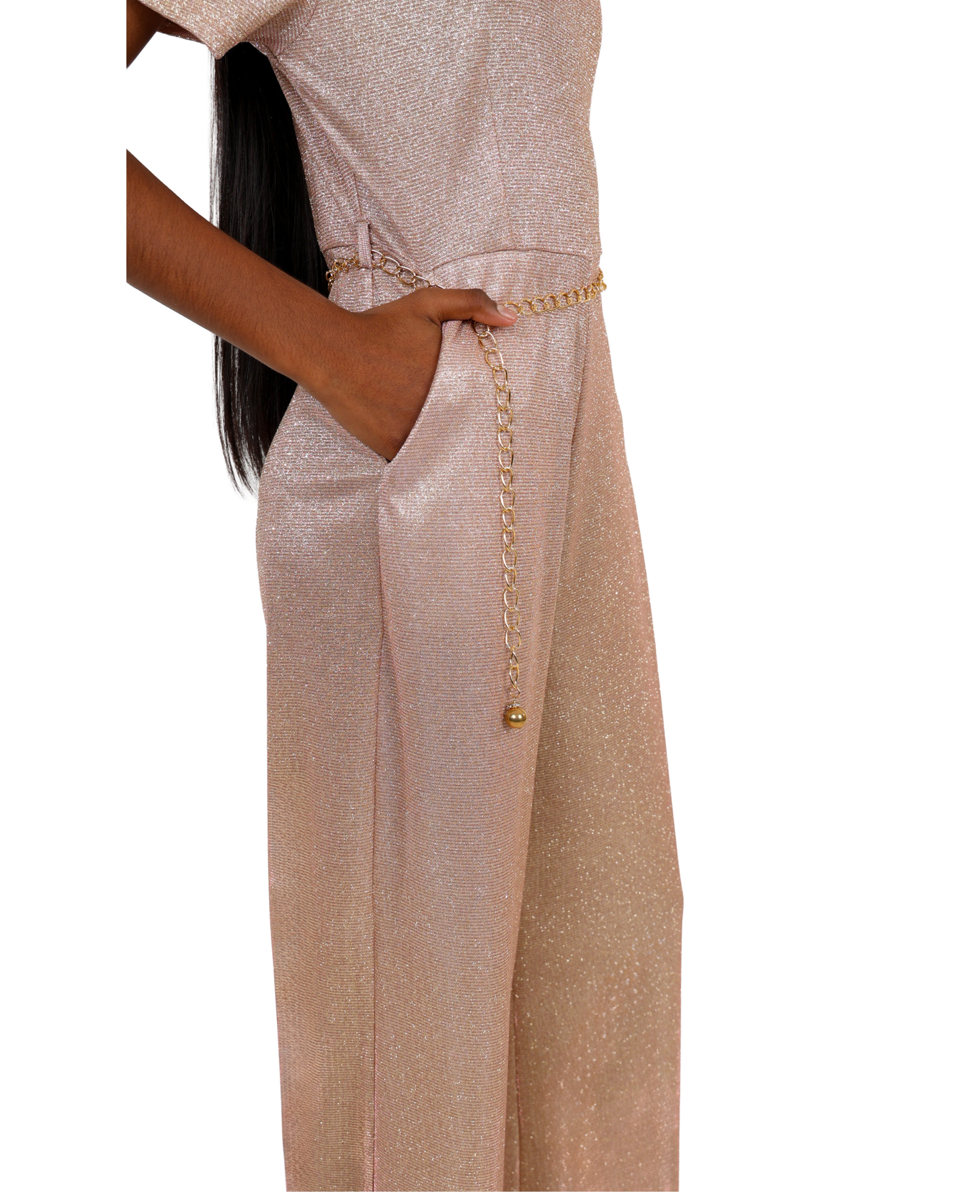 Gold Shimmer Jumpsuit with Chain Belt