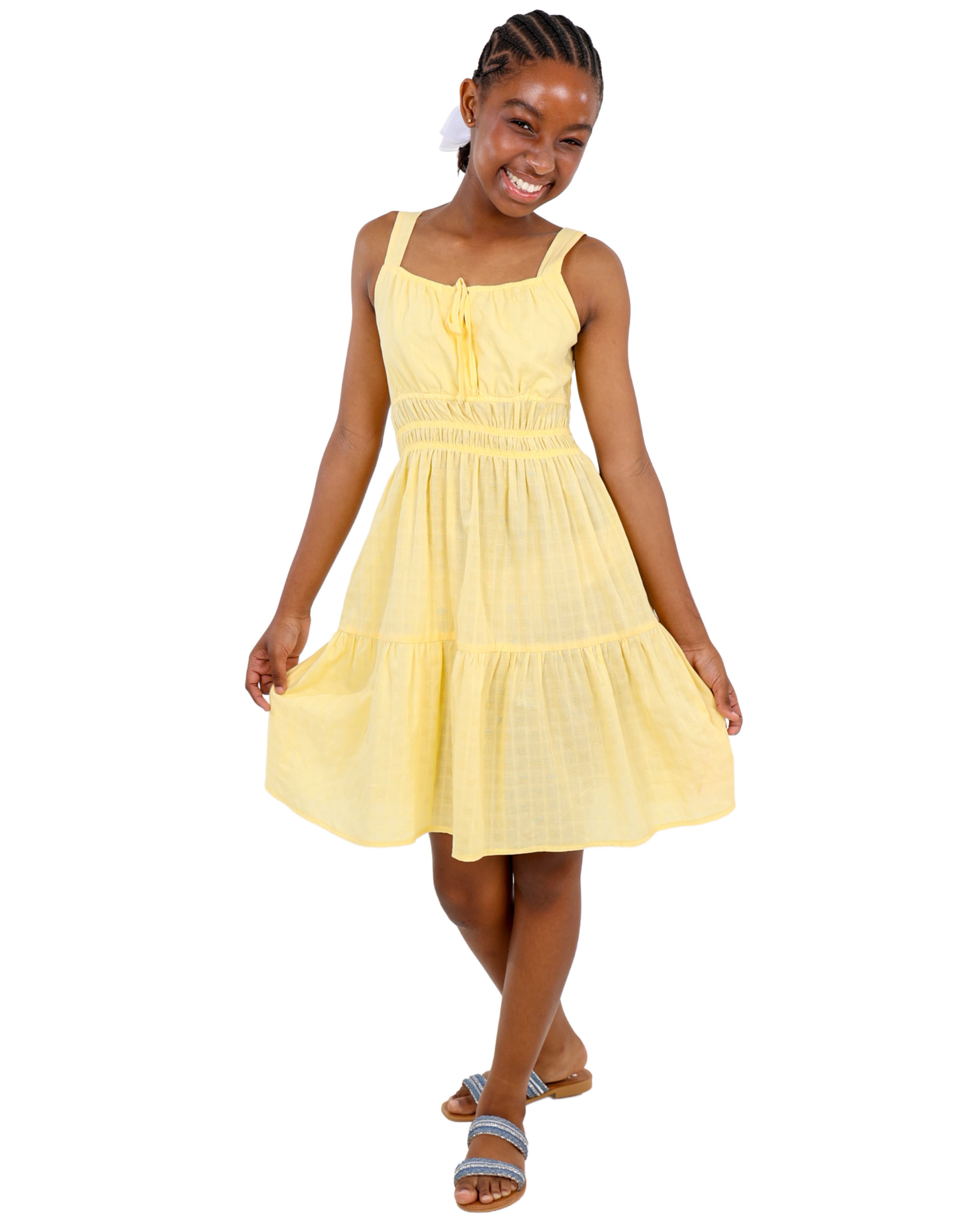 Strappy Yellow Tiered Jacquard Summer Dress