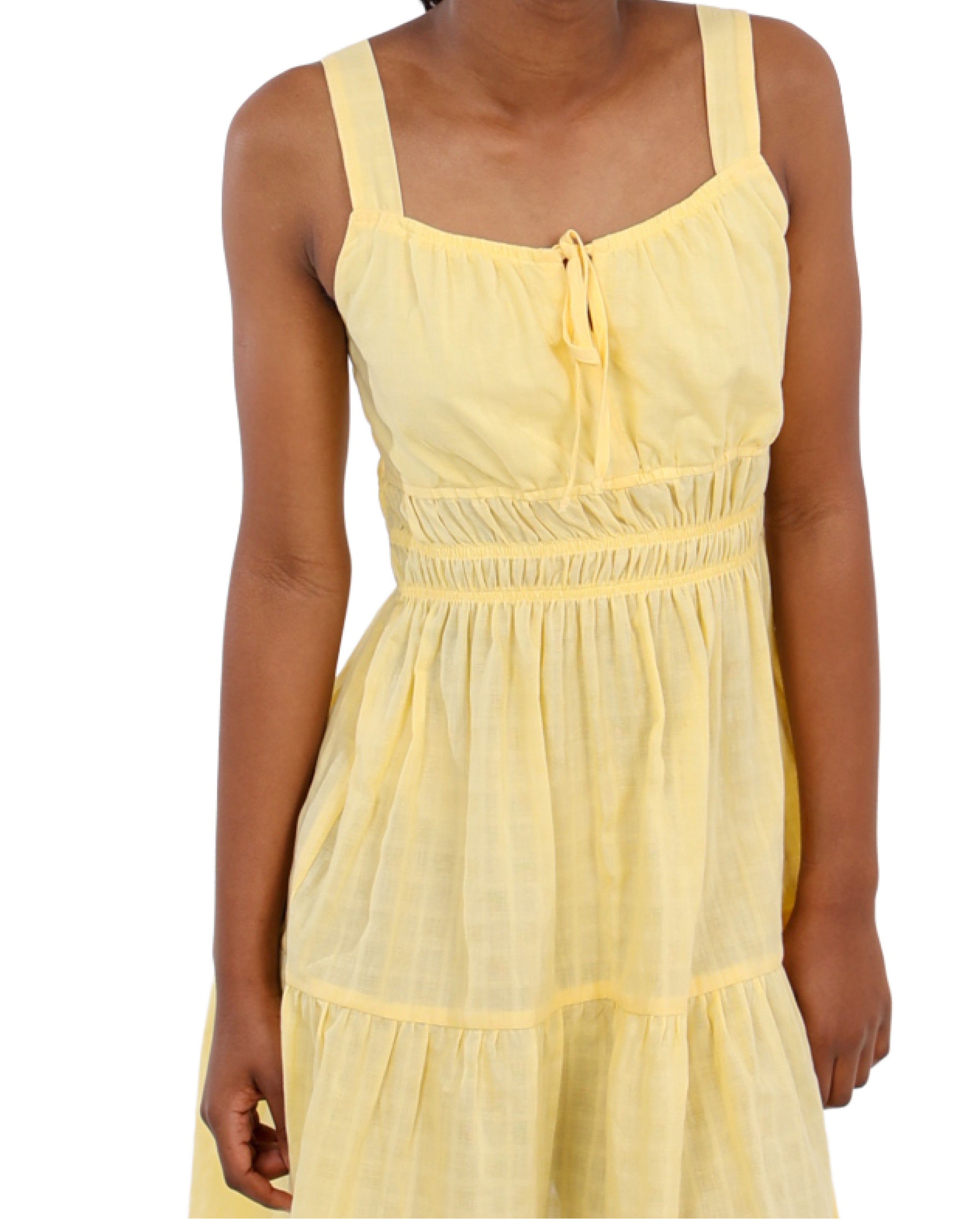 Strappy Yellow Tiered Jacquard Summer Dress