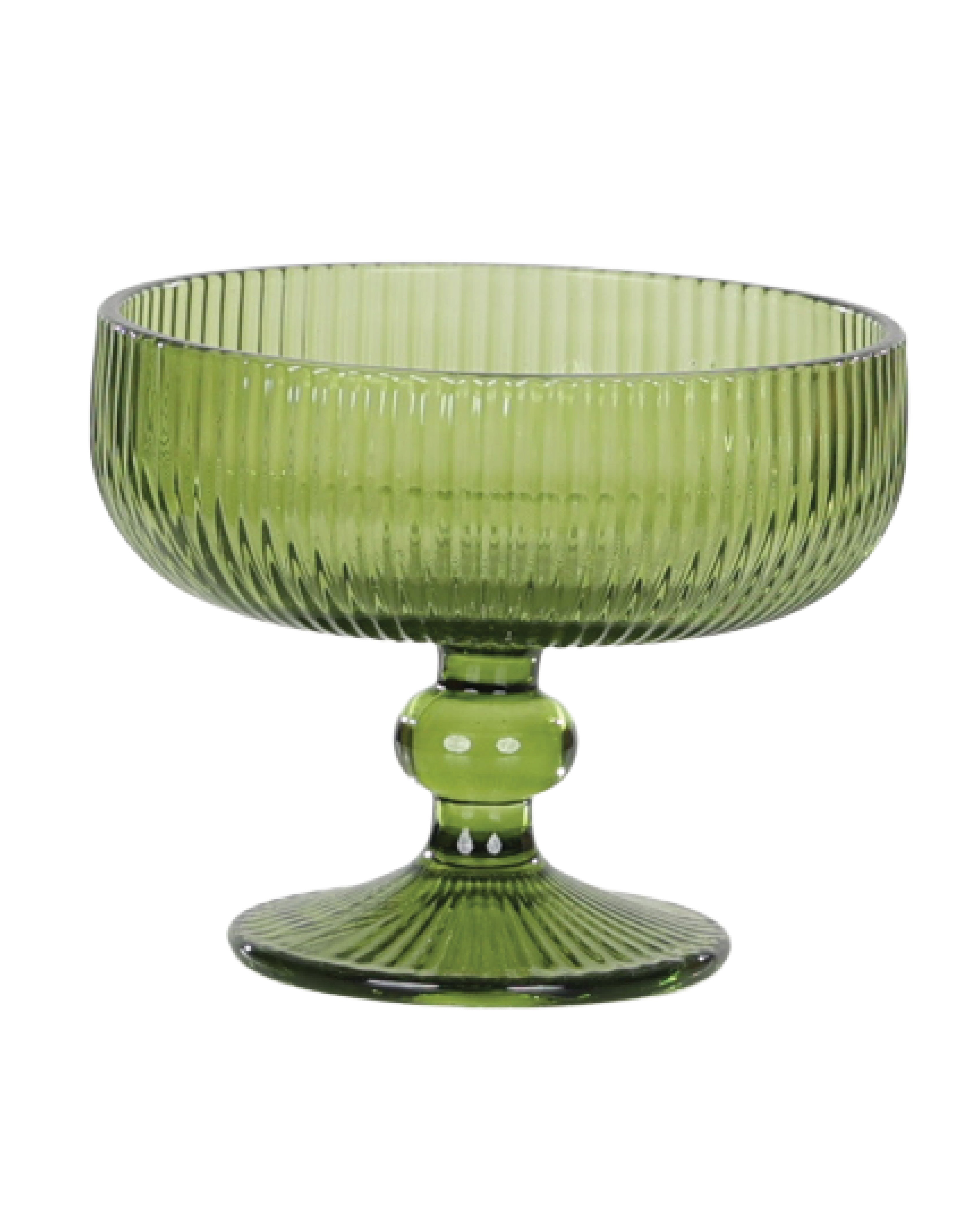 Green Glass Ribbed Footed Dessert Bowl