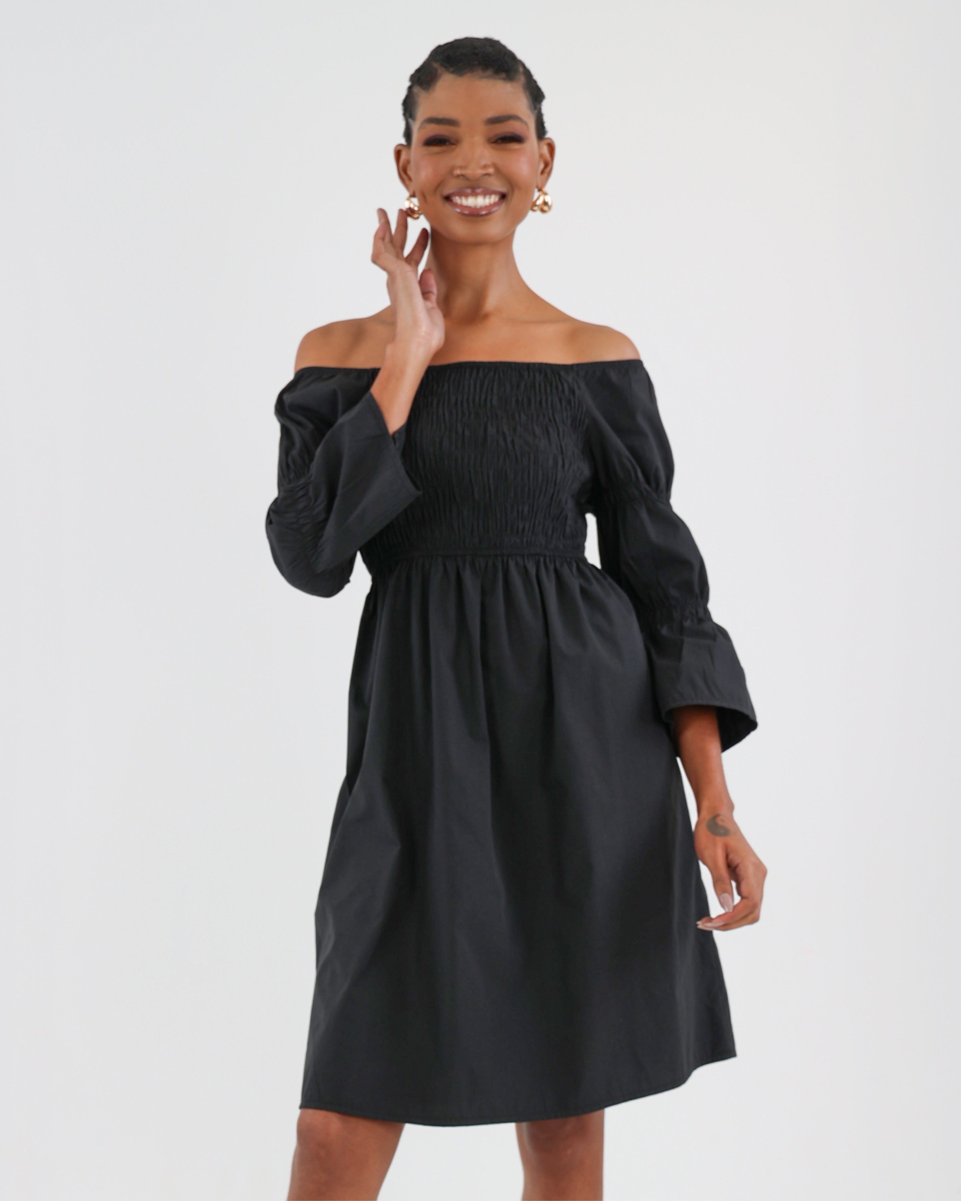 Shirred Bodice Off-The-Shoulder Mini Dress