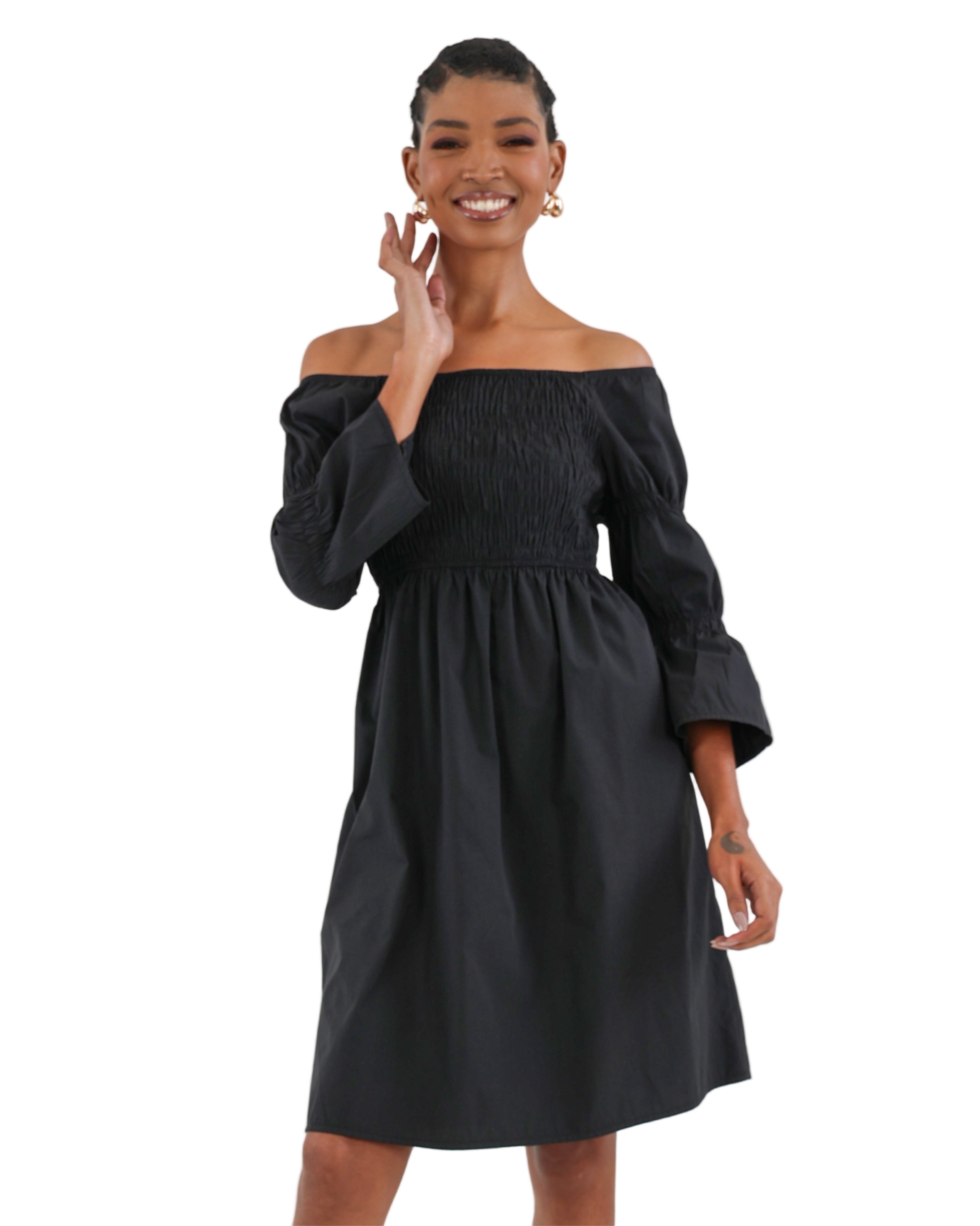 Shirred Bodice Off-The-Shoulder Mini Dress