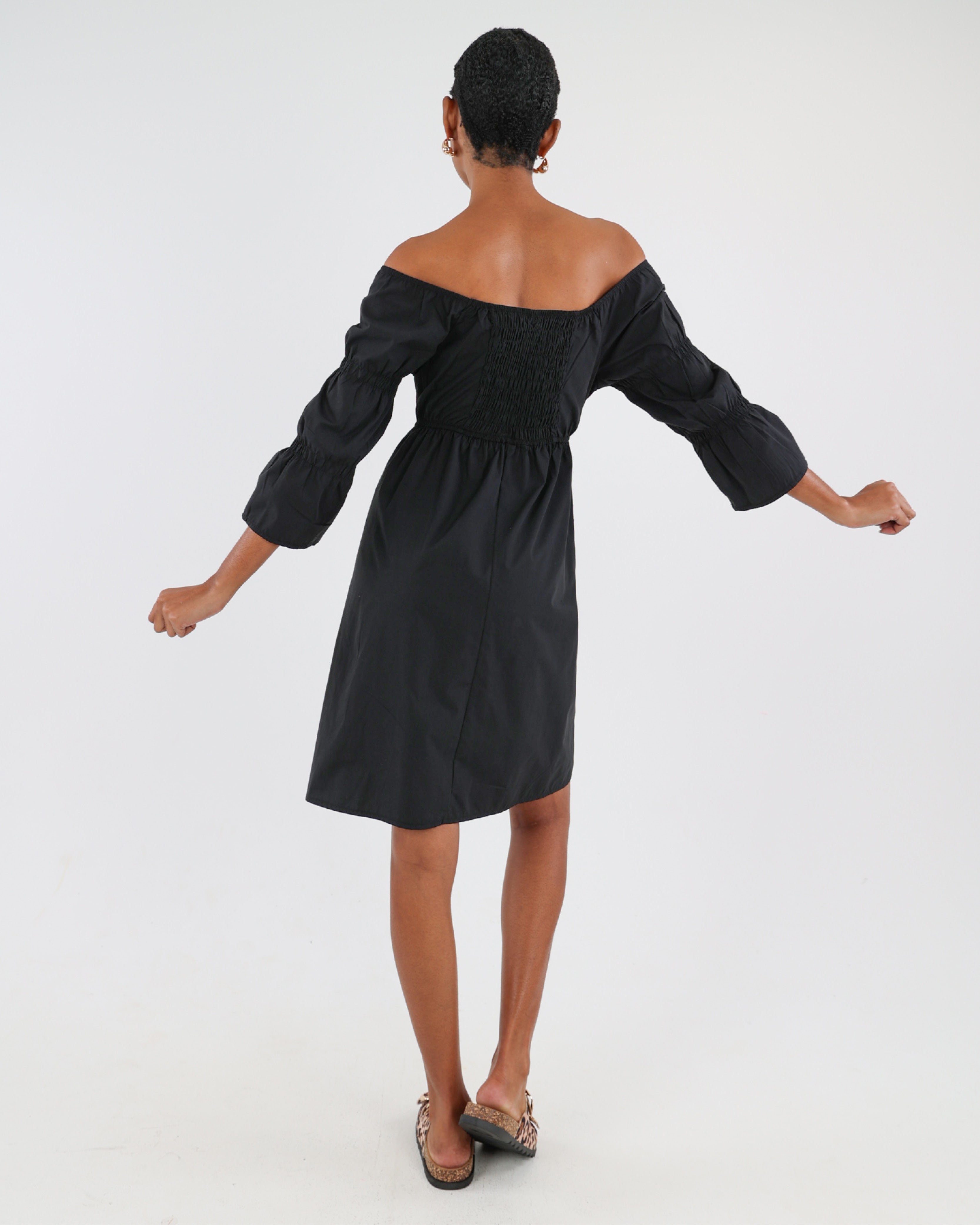 Shirred Bodice Off-The-Shoulder Mini Dress
