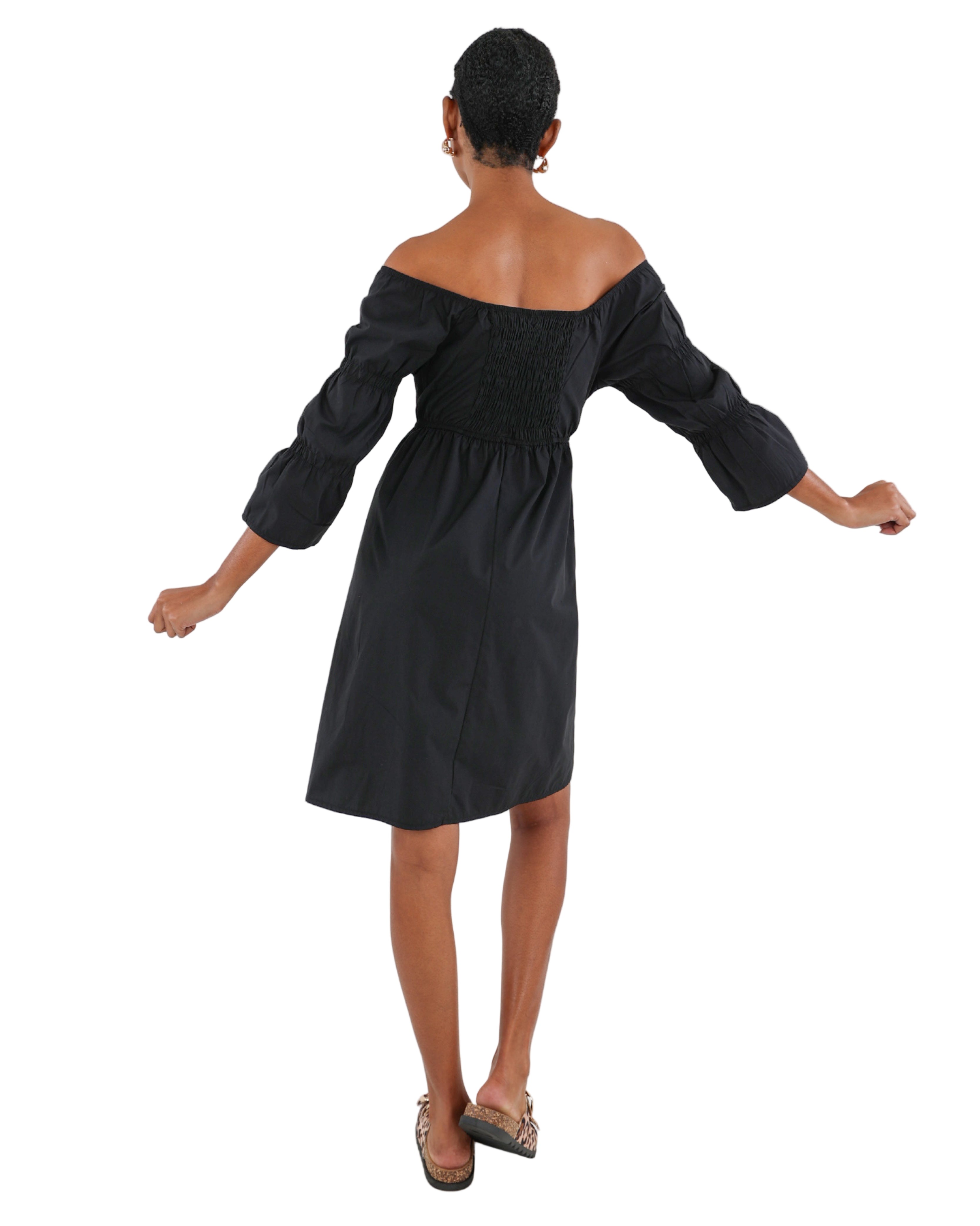 Shirred Bodice Off-The-Shoulder Mini Dress