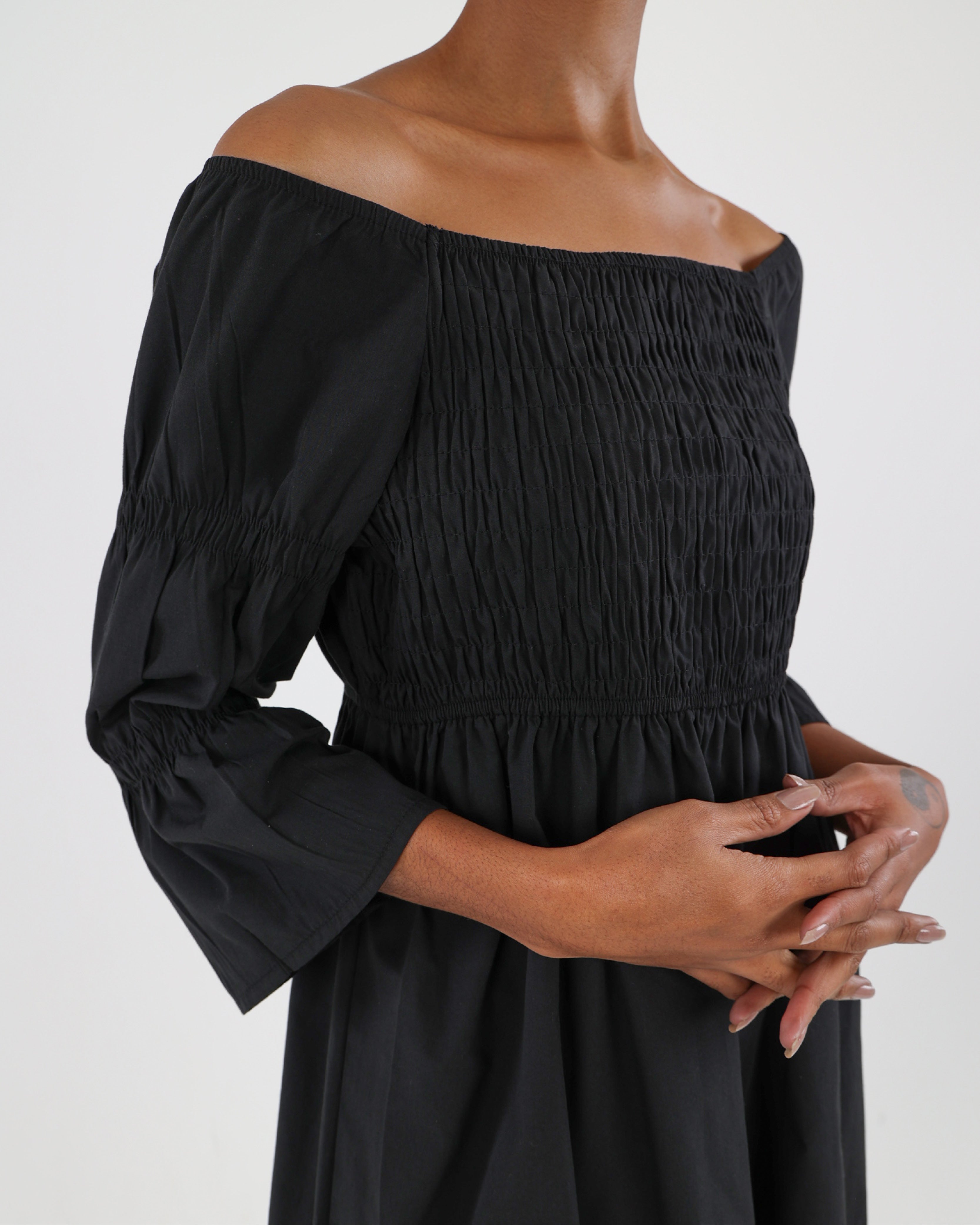 Shirred Bodice Off-The-Shoulder Mini Dress