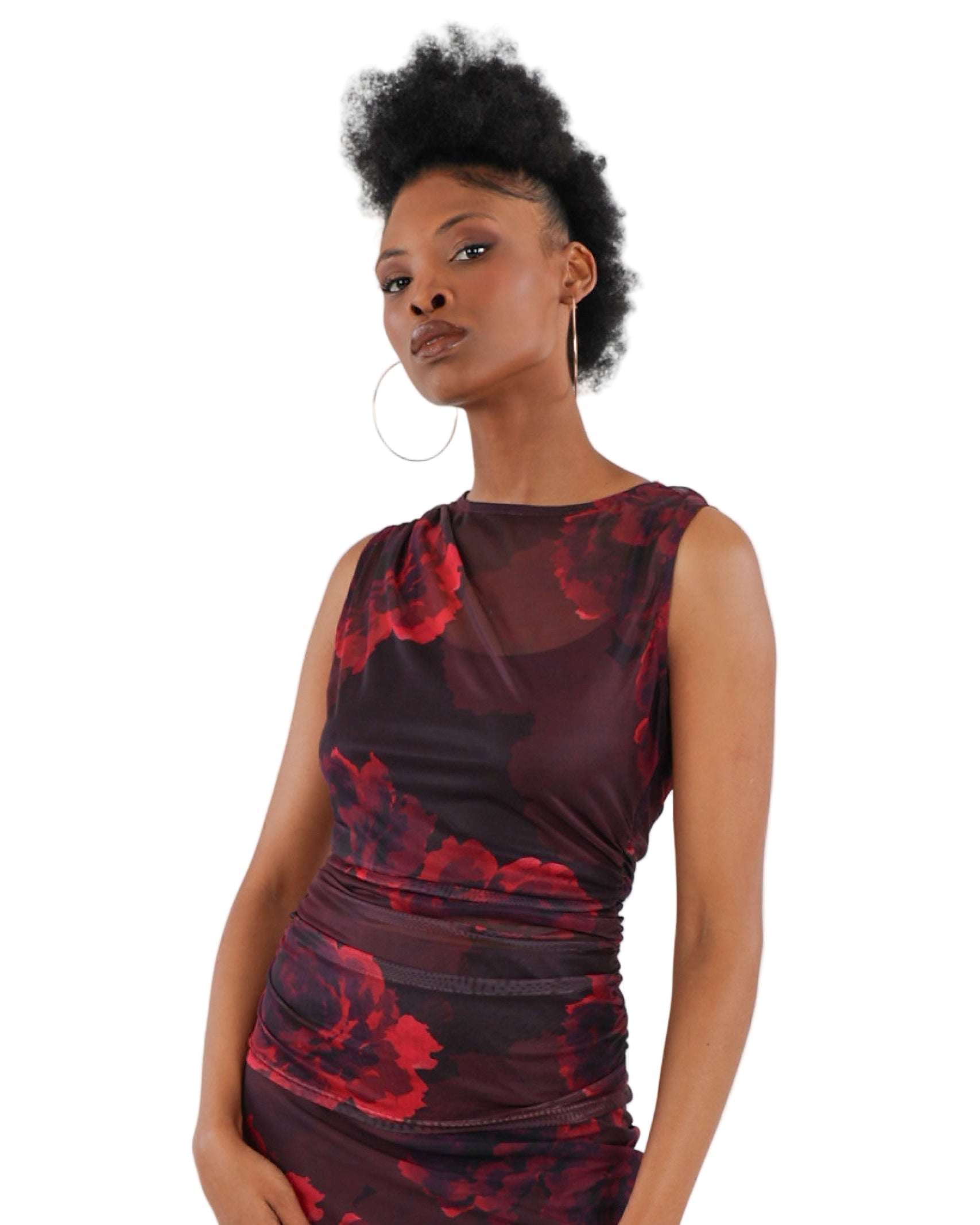 Sleeveless Side Ruched Mesh Floral Top