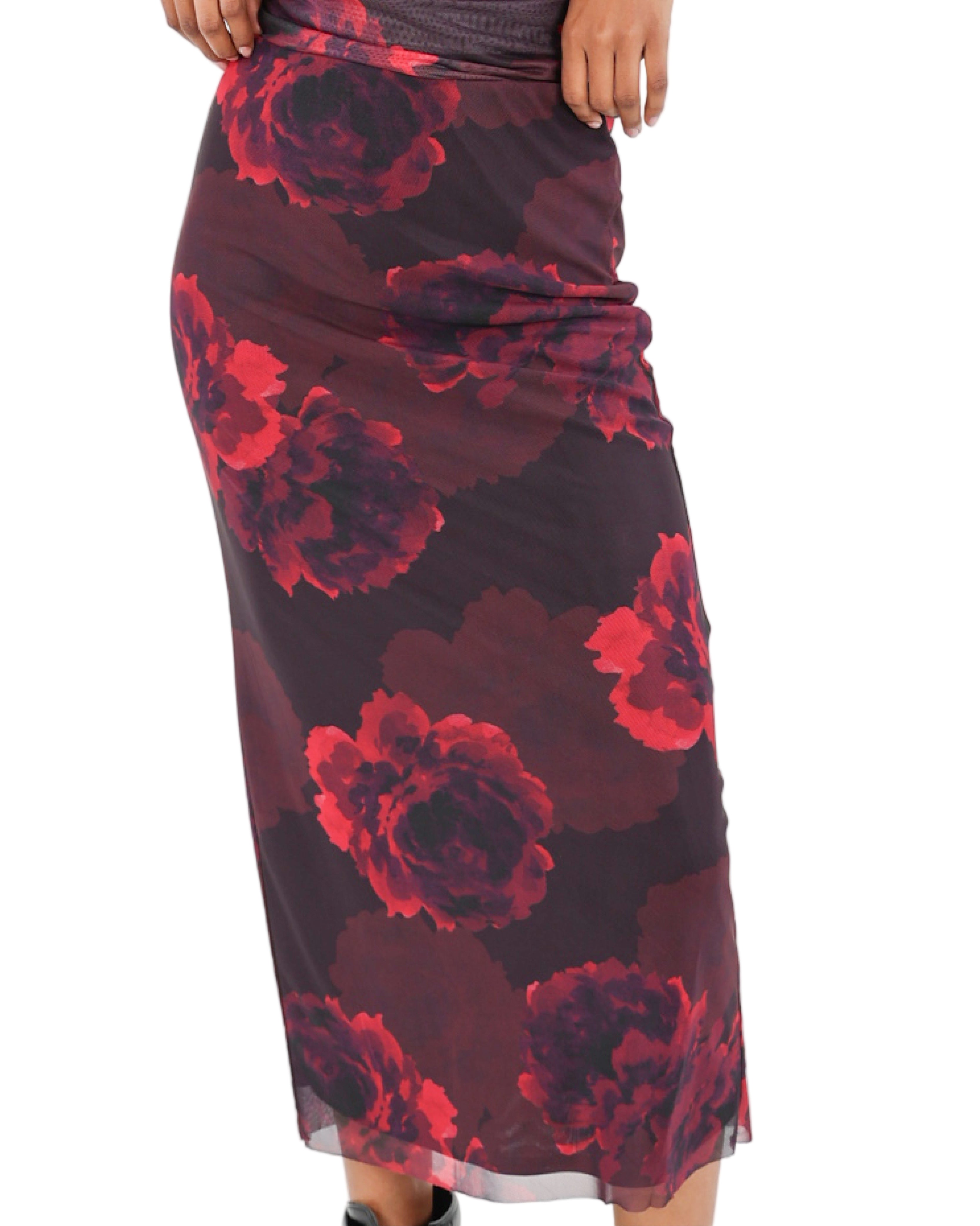 Midi Mesh Floral Stretch Skirt