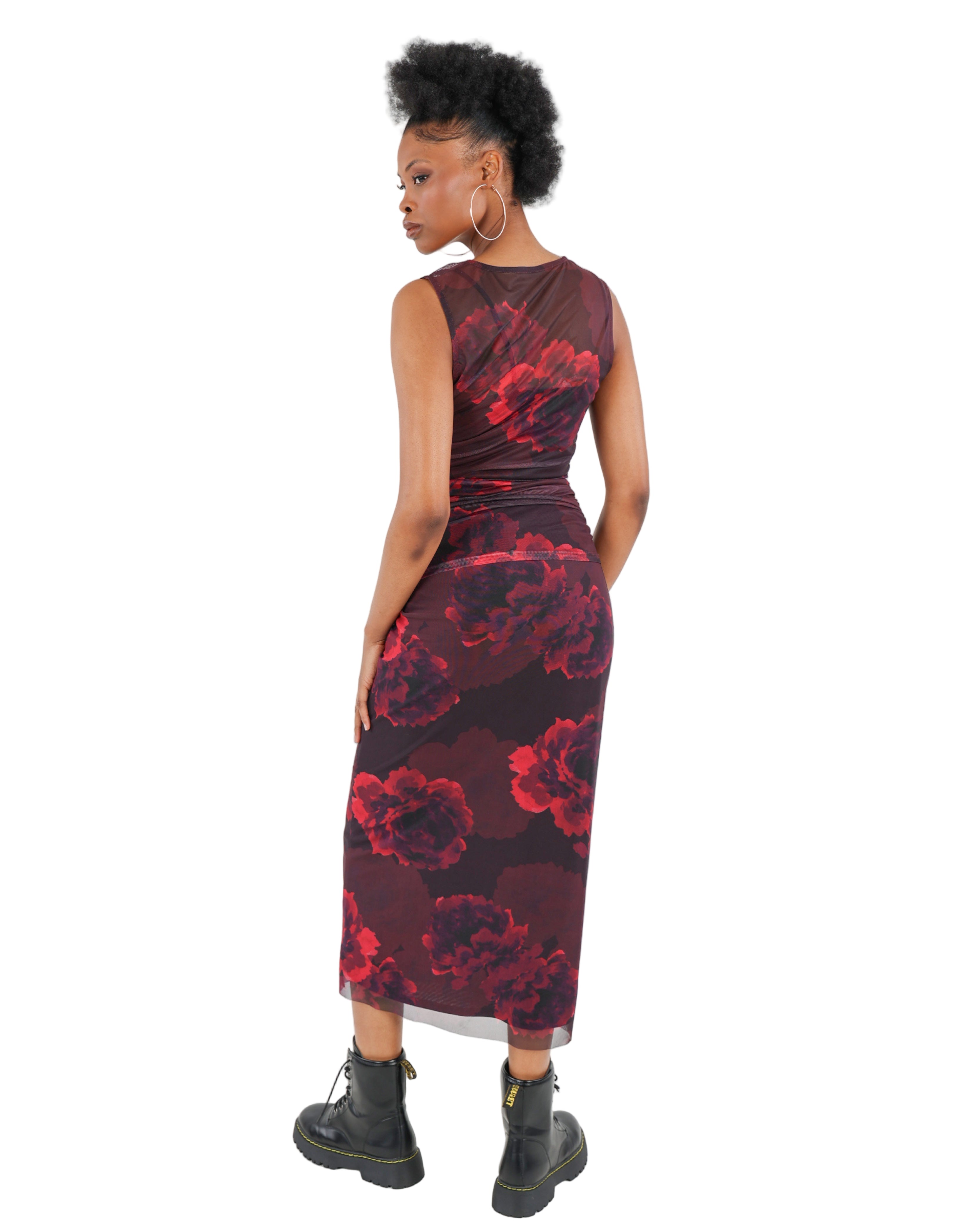 Midi Mesh Floral Stretch Skirt