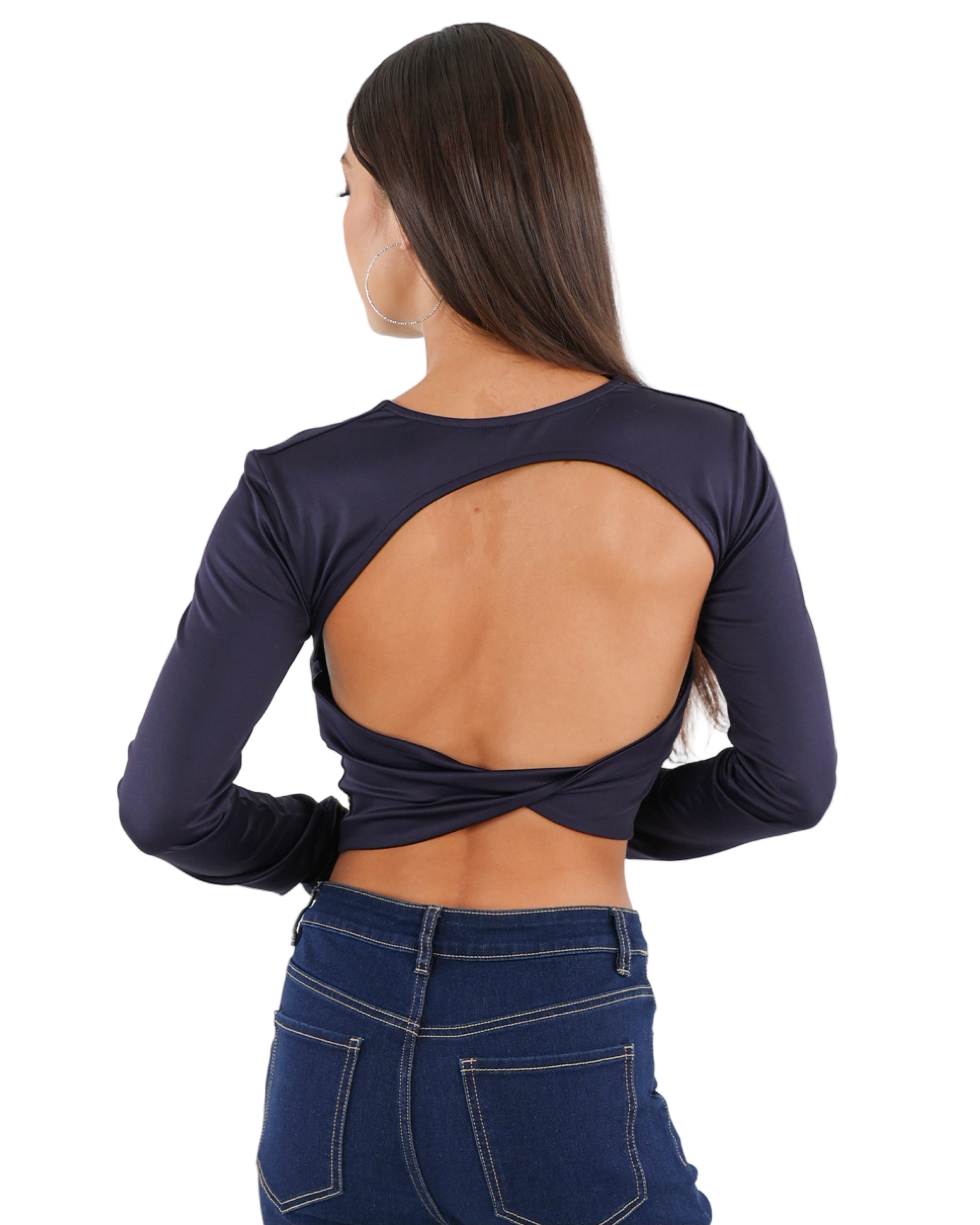 Long Sleeve Stretch Open Back Crop Top
