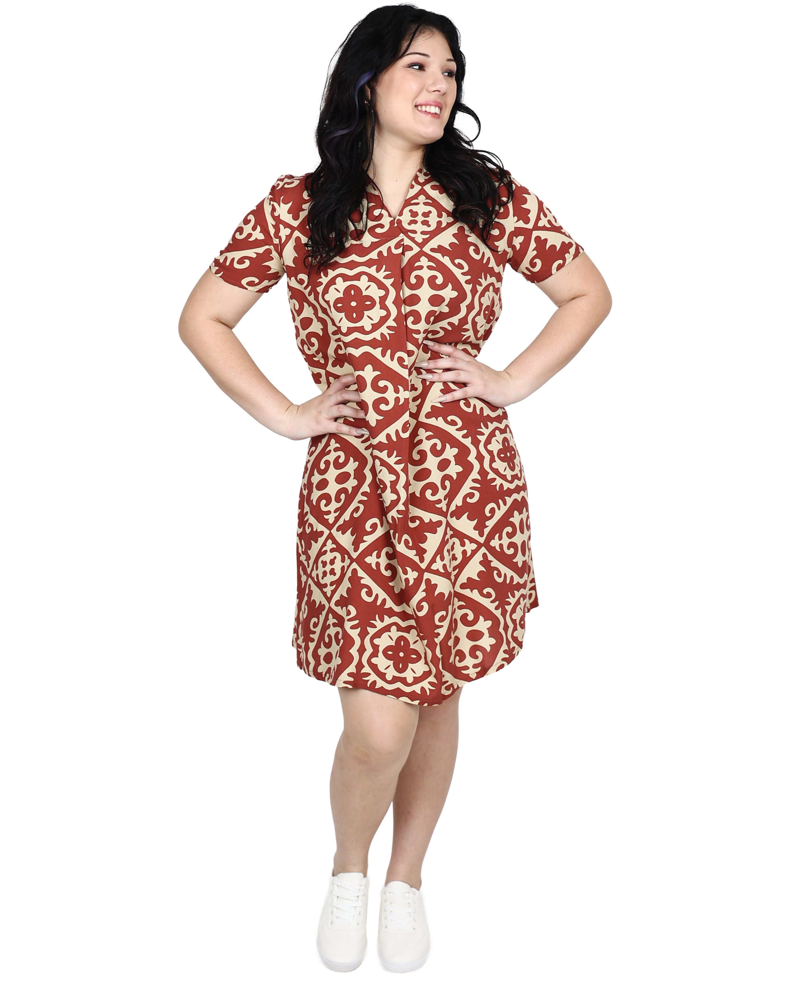 Red Short Sleeve Front Pleat Printed Shift Dress