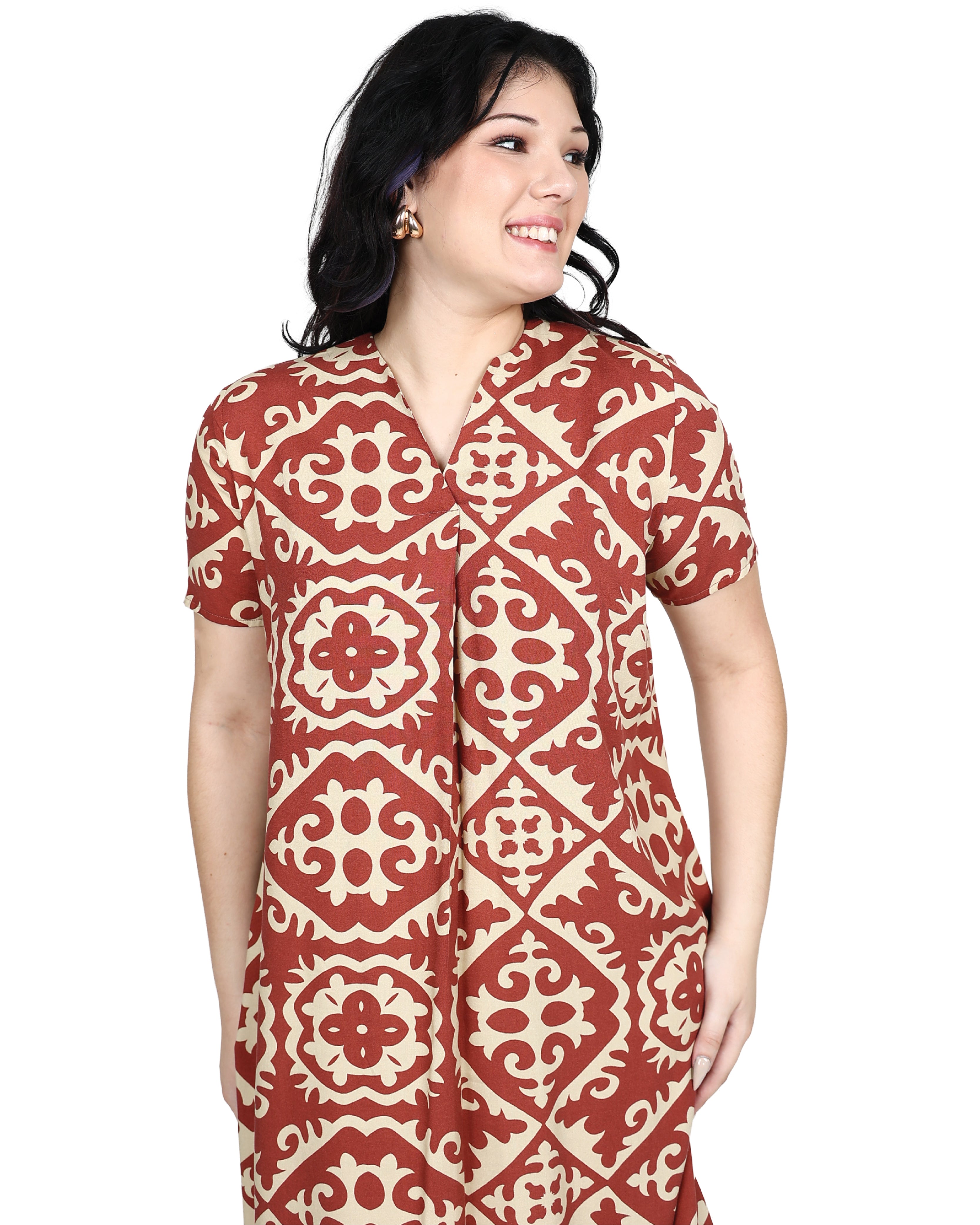 Red Short Sleeve Front Pleat Printed Shift Dress