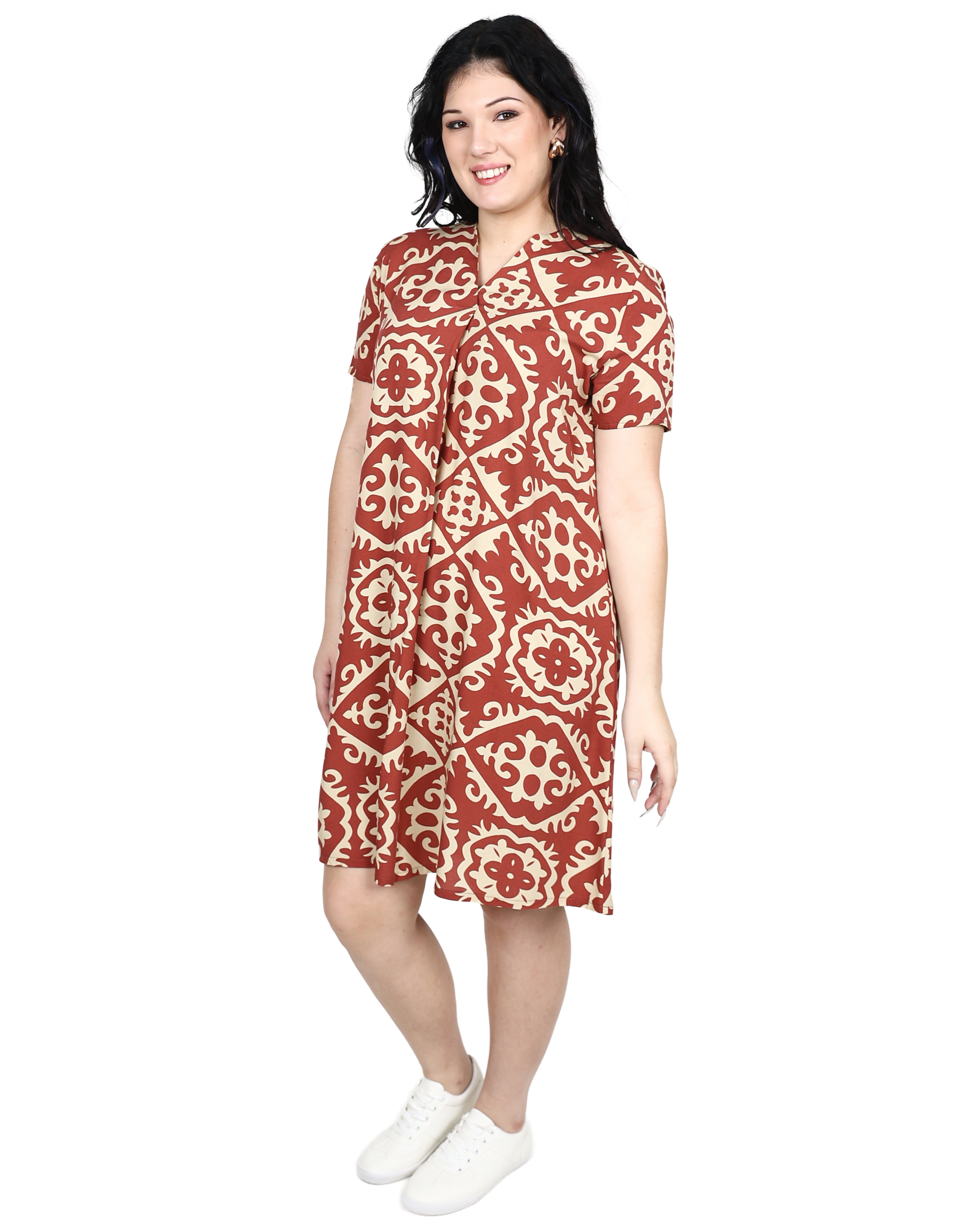 Red Short Sleeve Front Pleat Printed Shift Dress