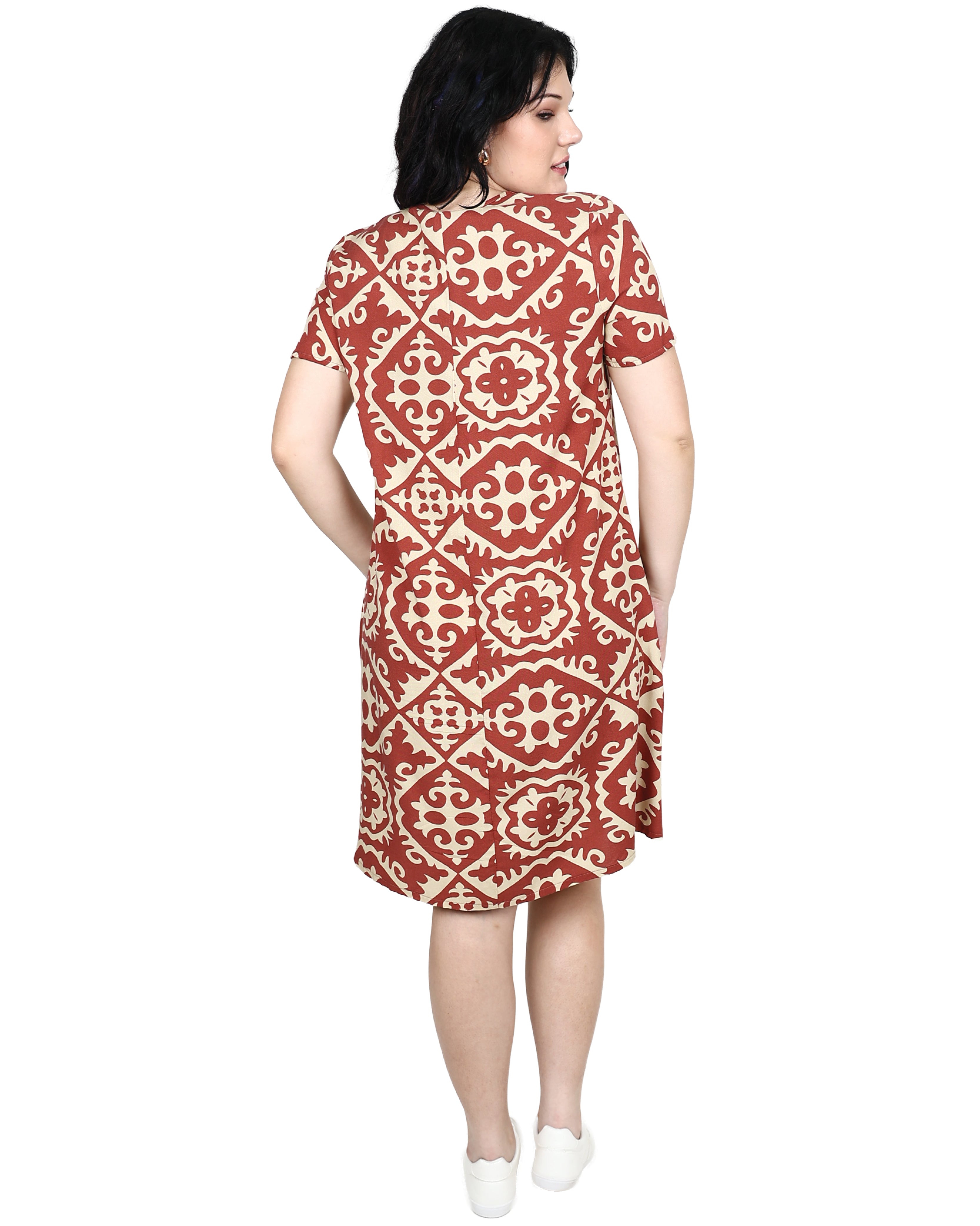 Red Short Sleeve Front Pleat Printed Shift Dress