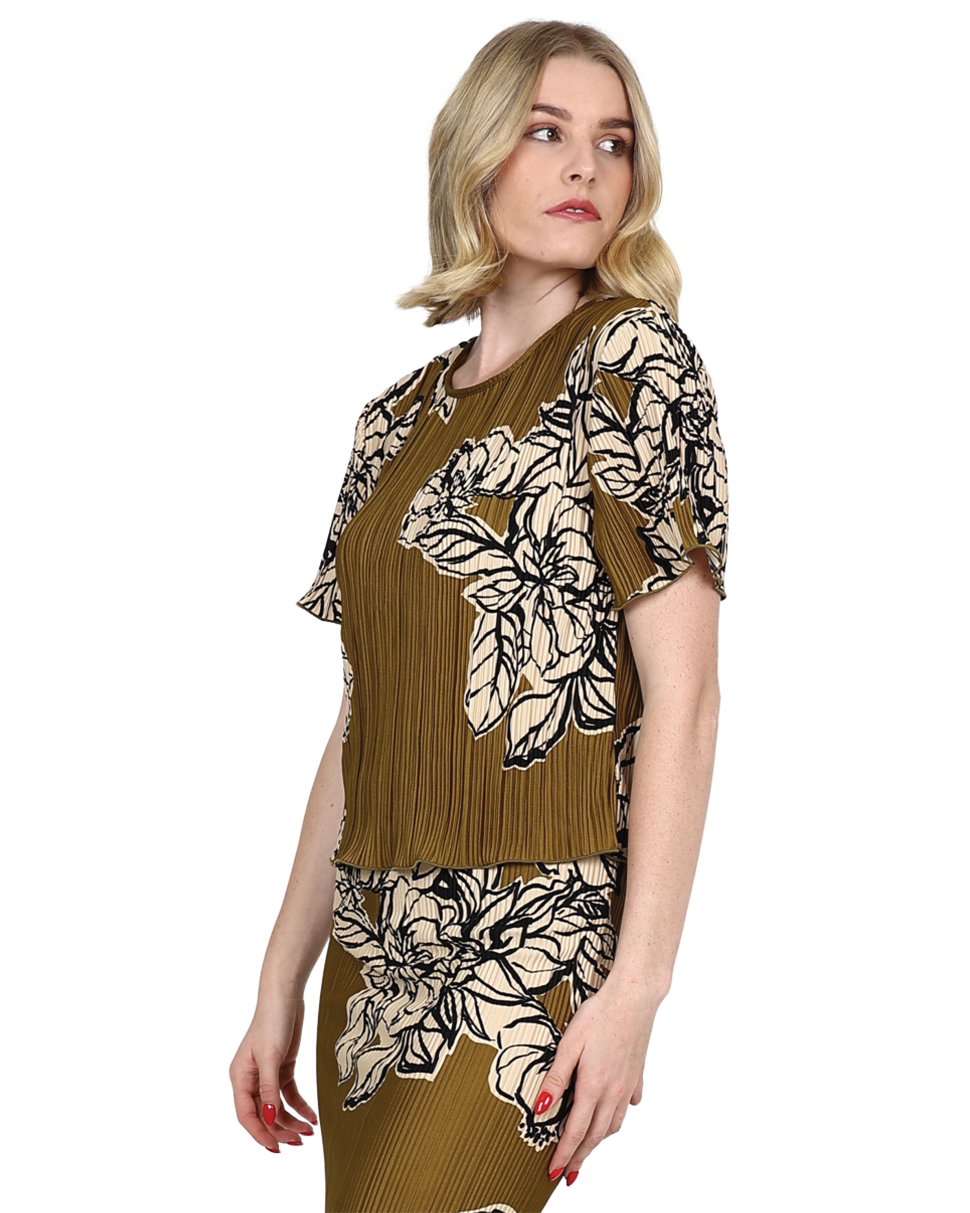 Short Sleeve Printed Plissé Blouse