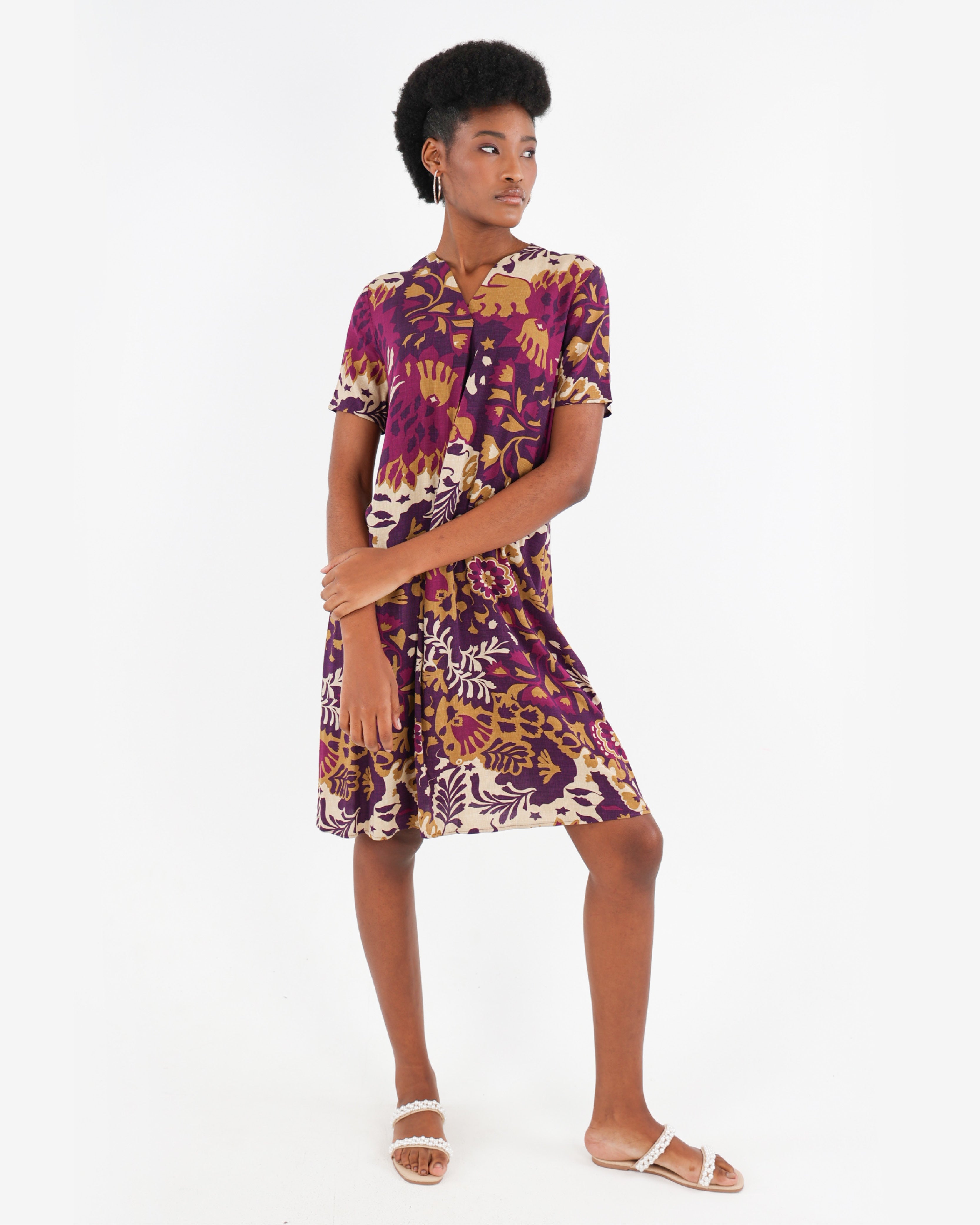 Short Sleeve Bold Floral Print Shift Dress