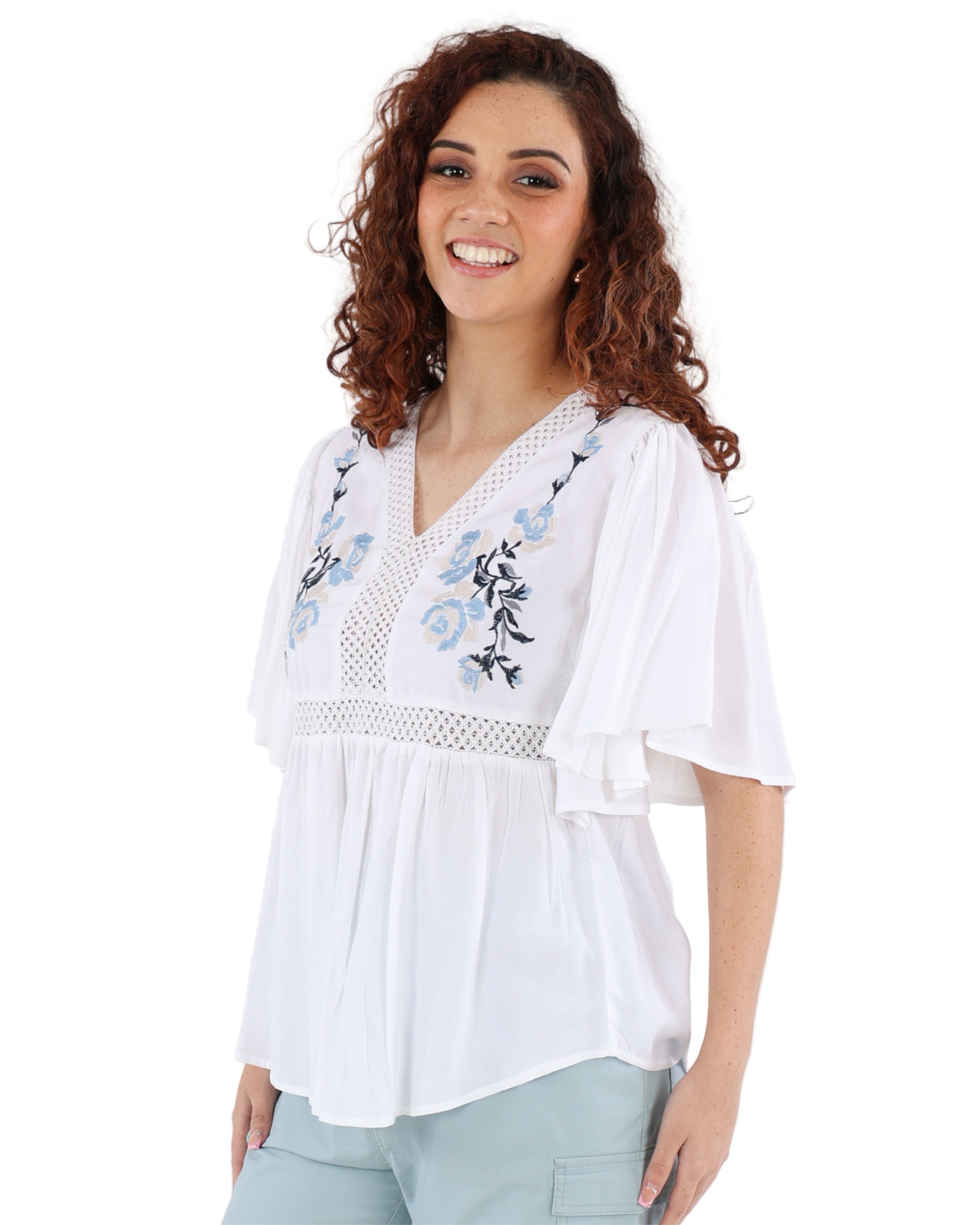 Embroidered Batwing Blouse