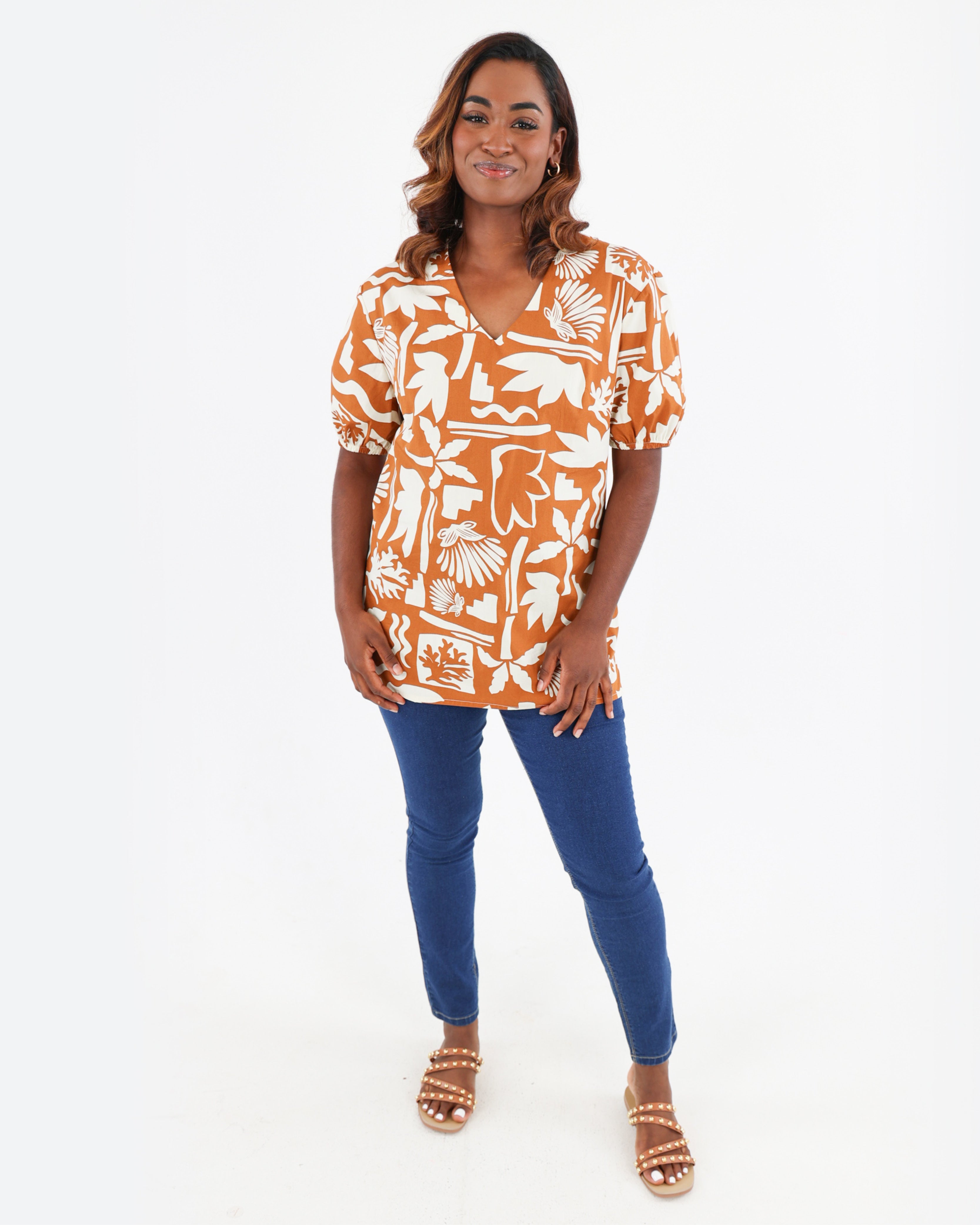 Rust Short Puff Sleeve Floral Printed Cotton Blouse