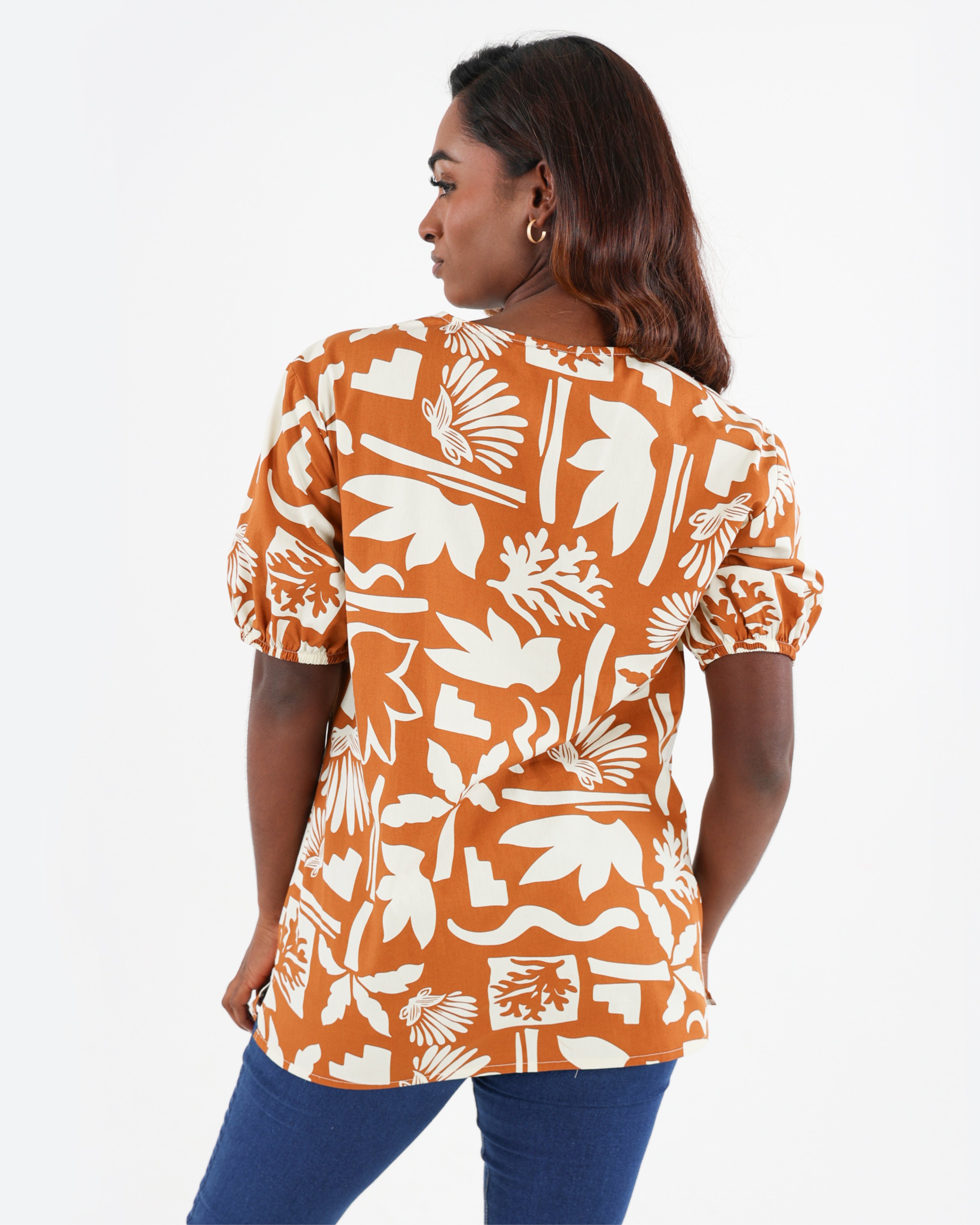 Rust Short Puff Sleeve Floral Printed Cotton Blouse