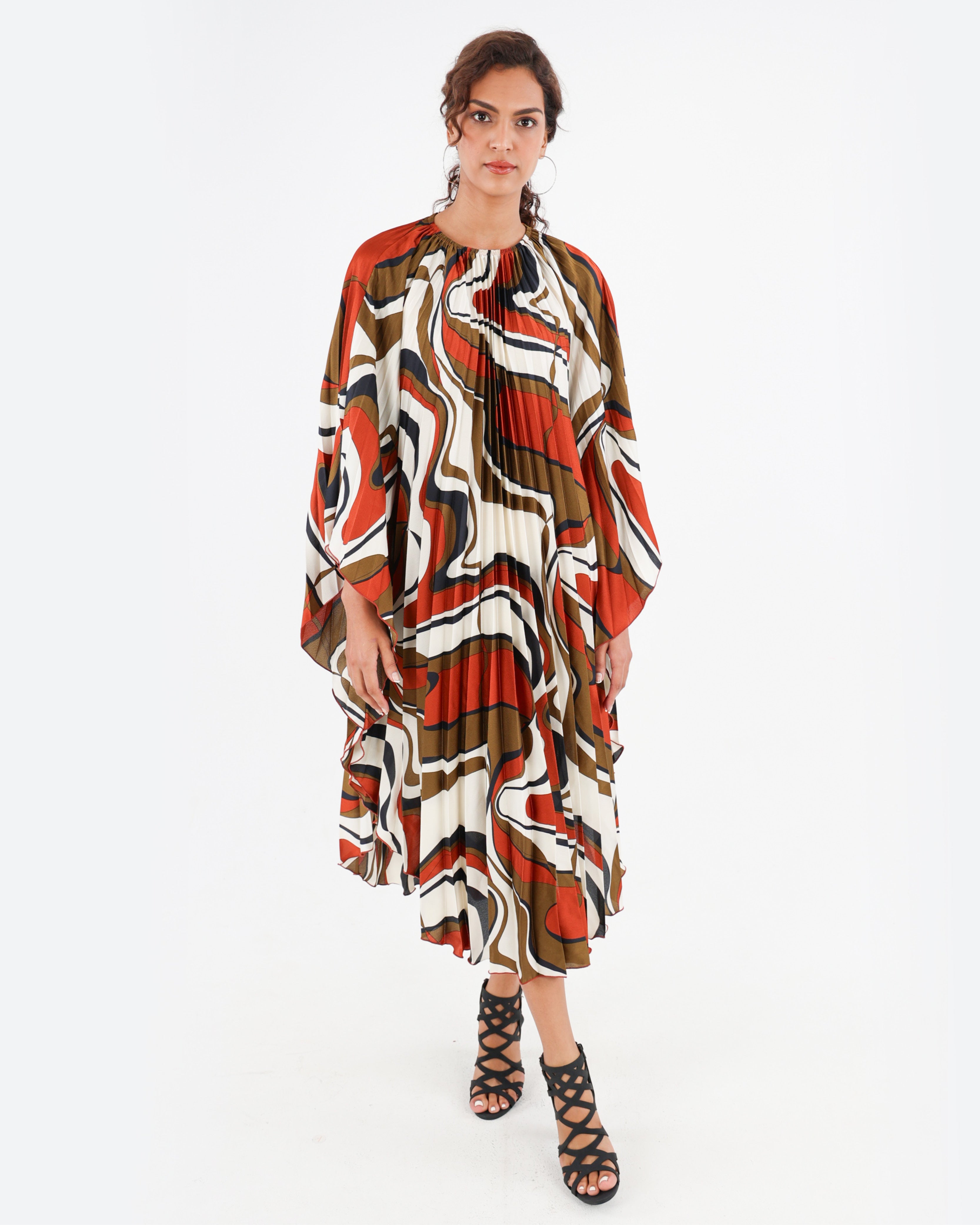 Abstract Print Pleated Kaftan Dress
