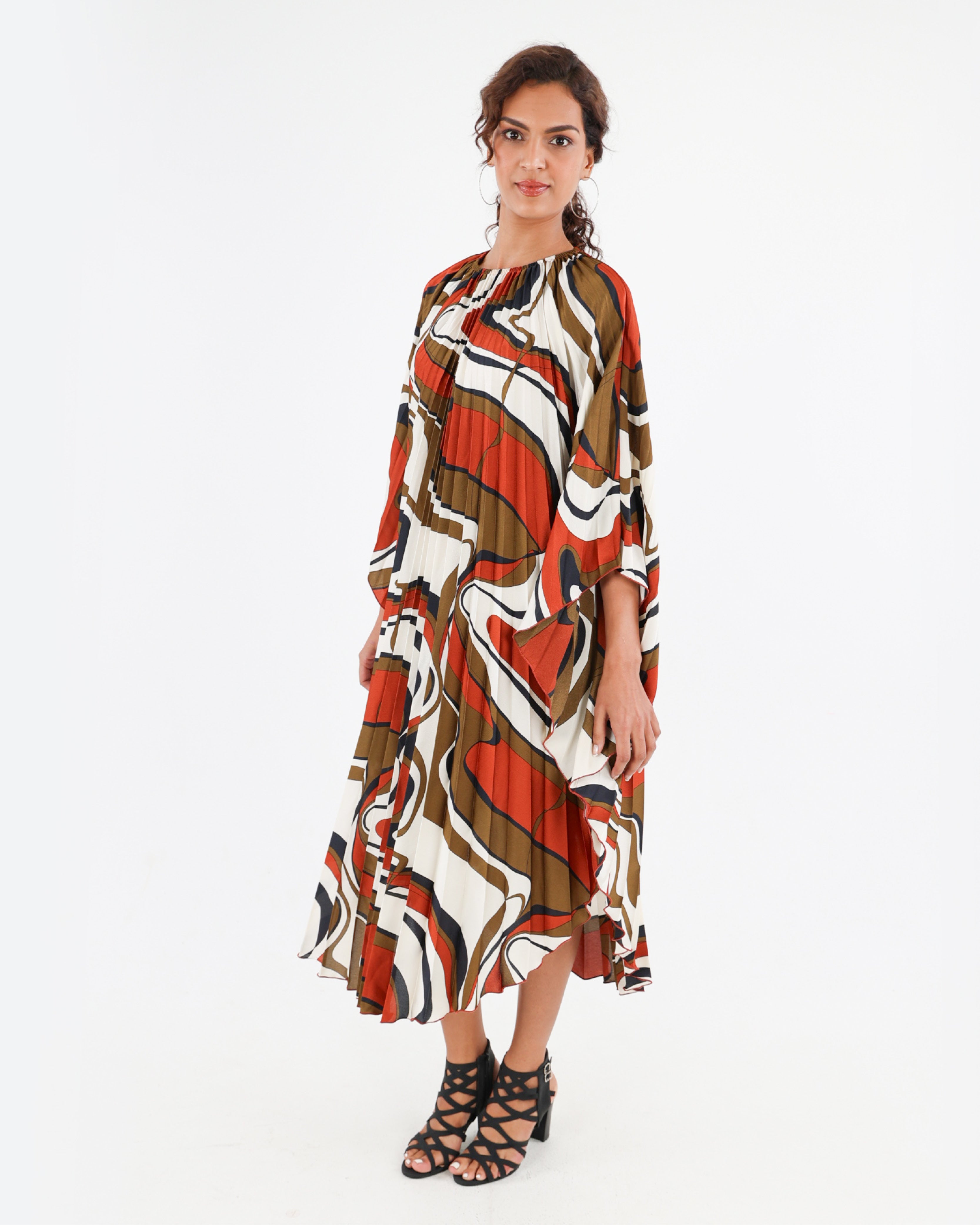 Abstract Print Pleated Kaftan Dress