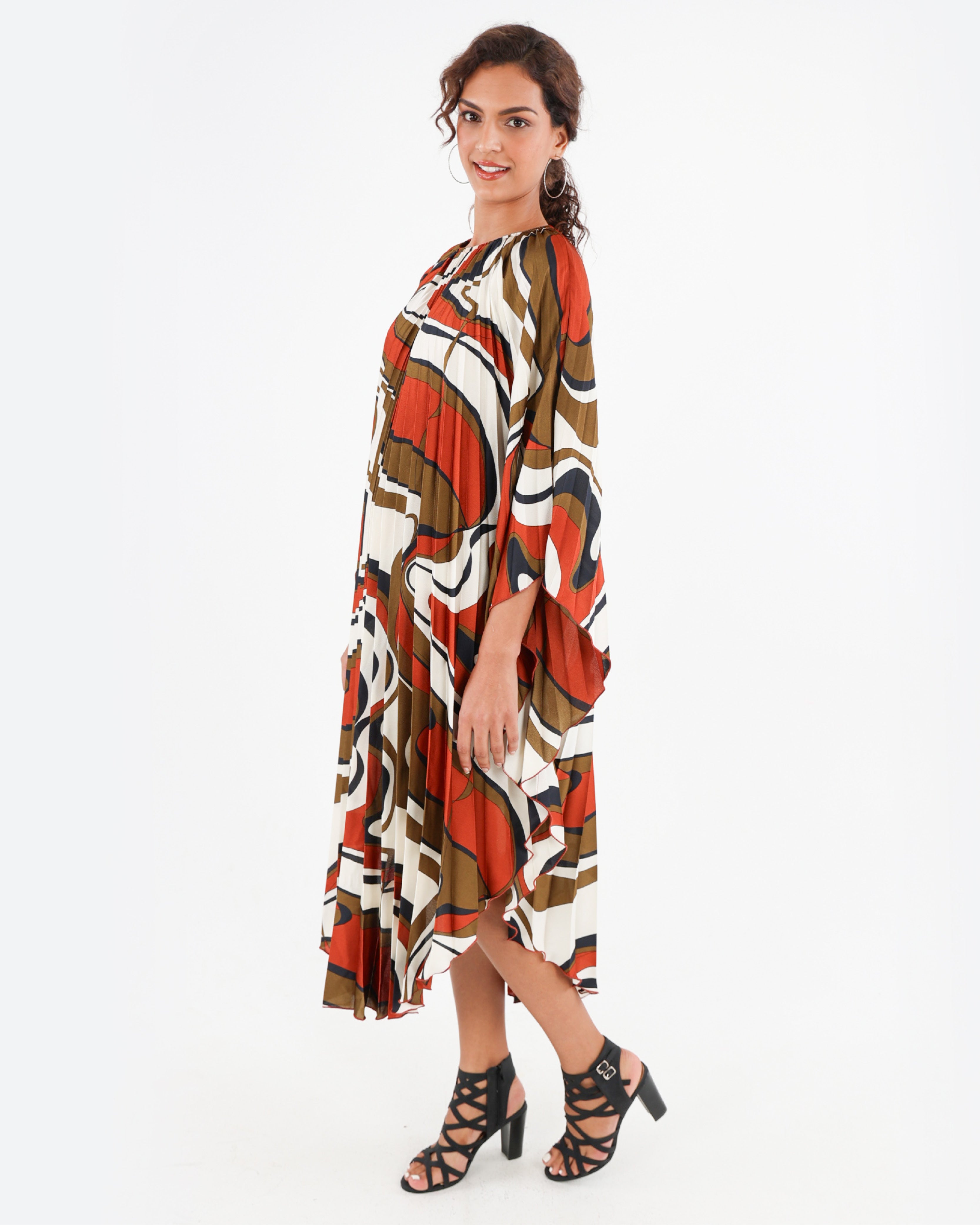 Abstract Print Pleated Kaftan Dress