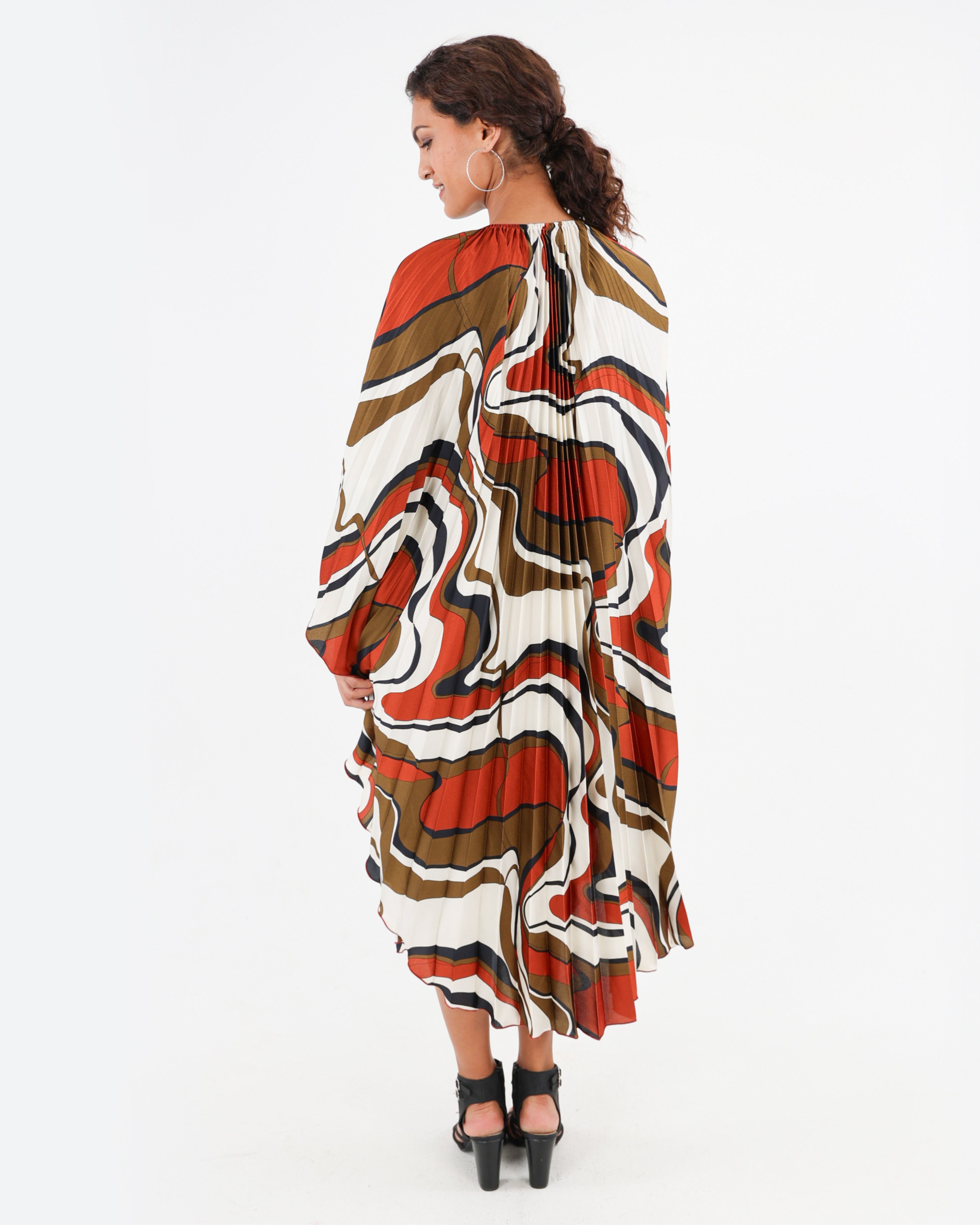 Abstract Print Pleated Kaftan Dress