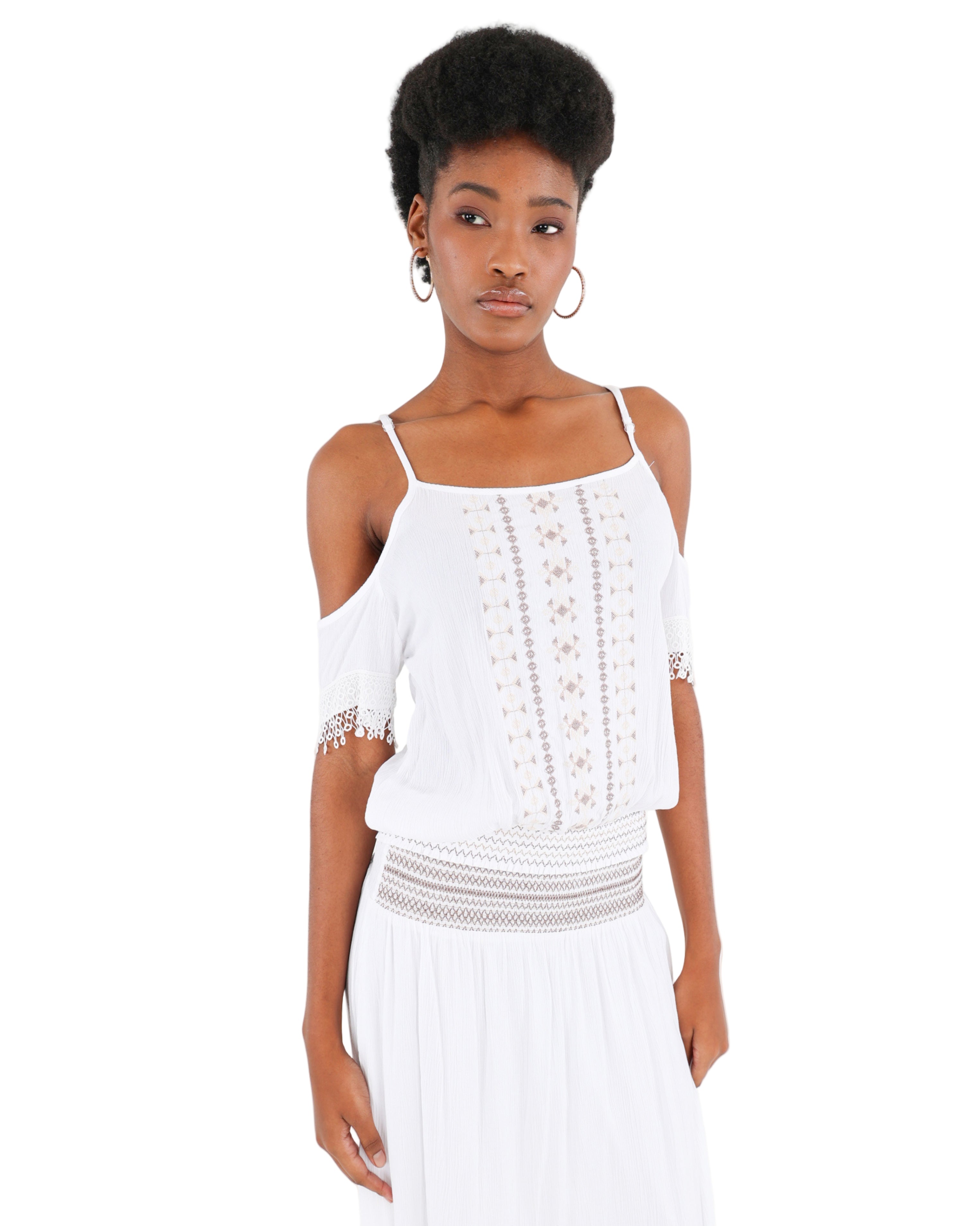 Drop Sleeve Embroidered Crinkle Blouse