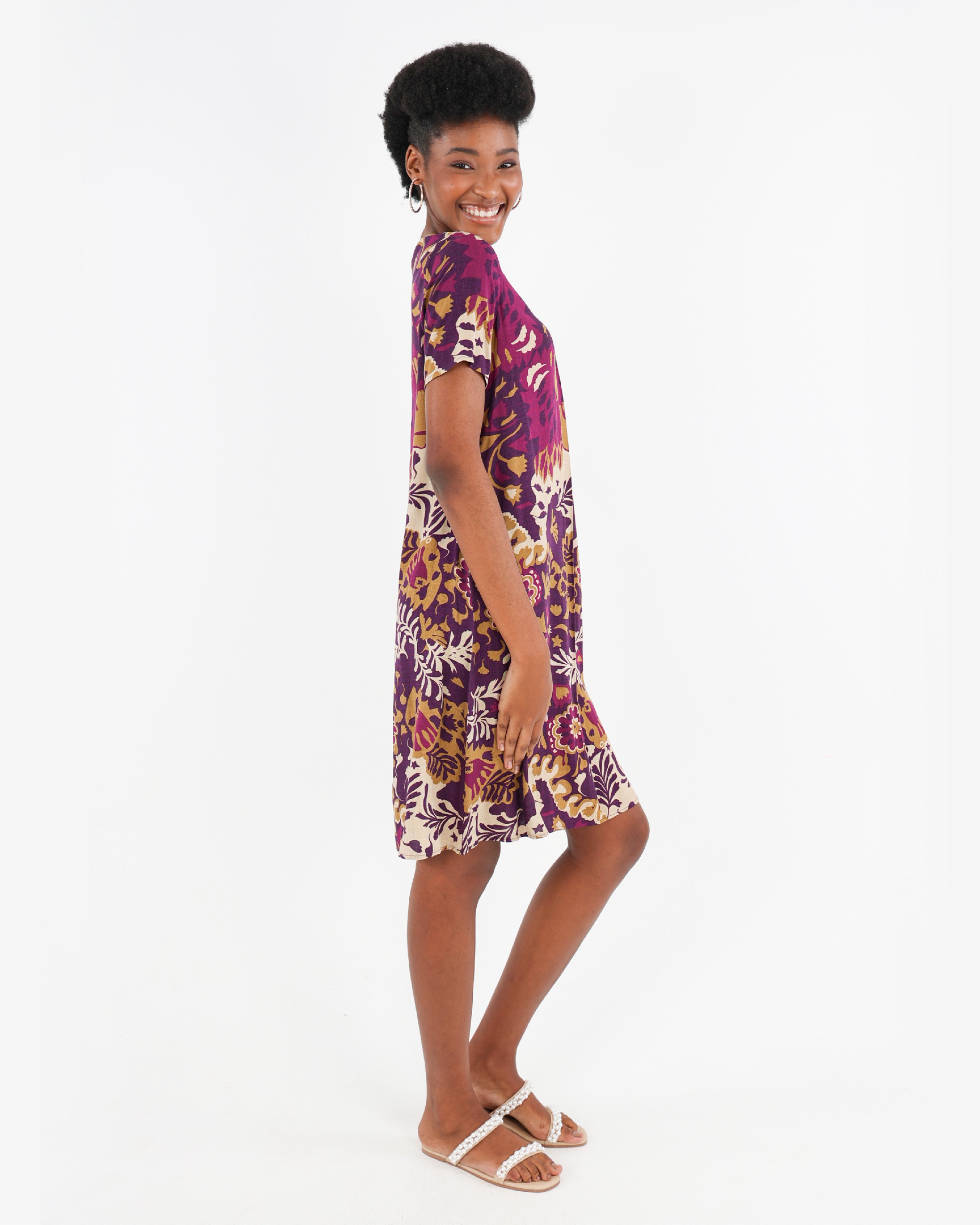 Short Sleeve Bold Floral Print Shift Dress