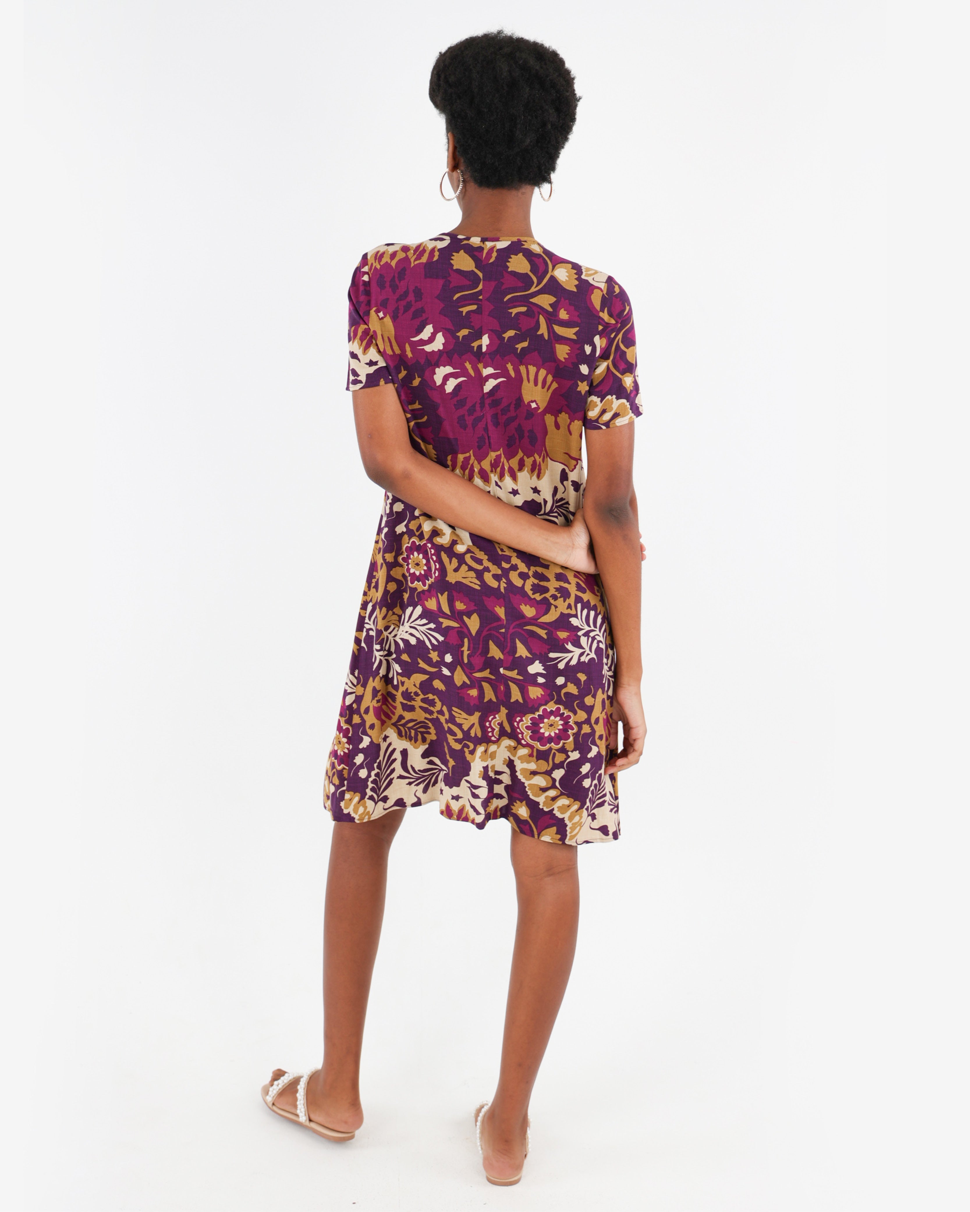 Short Sleeve Bold Floral Print Shift Dress