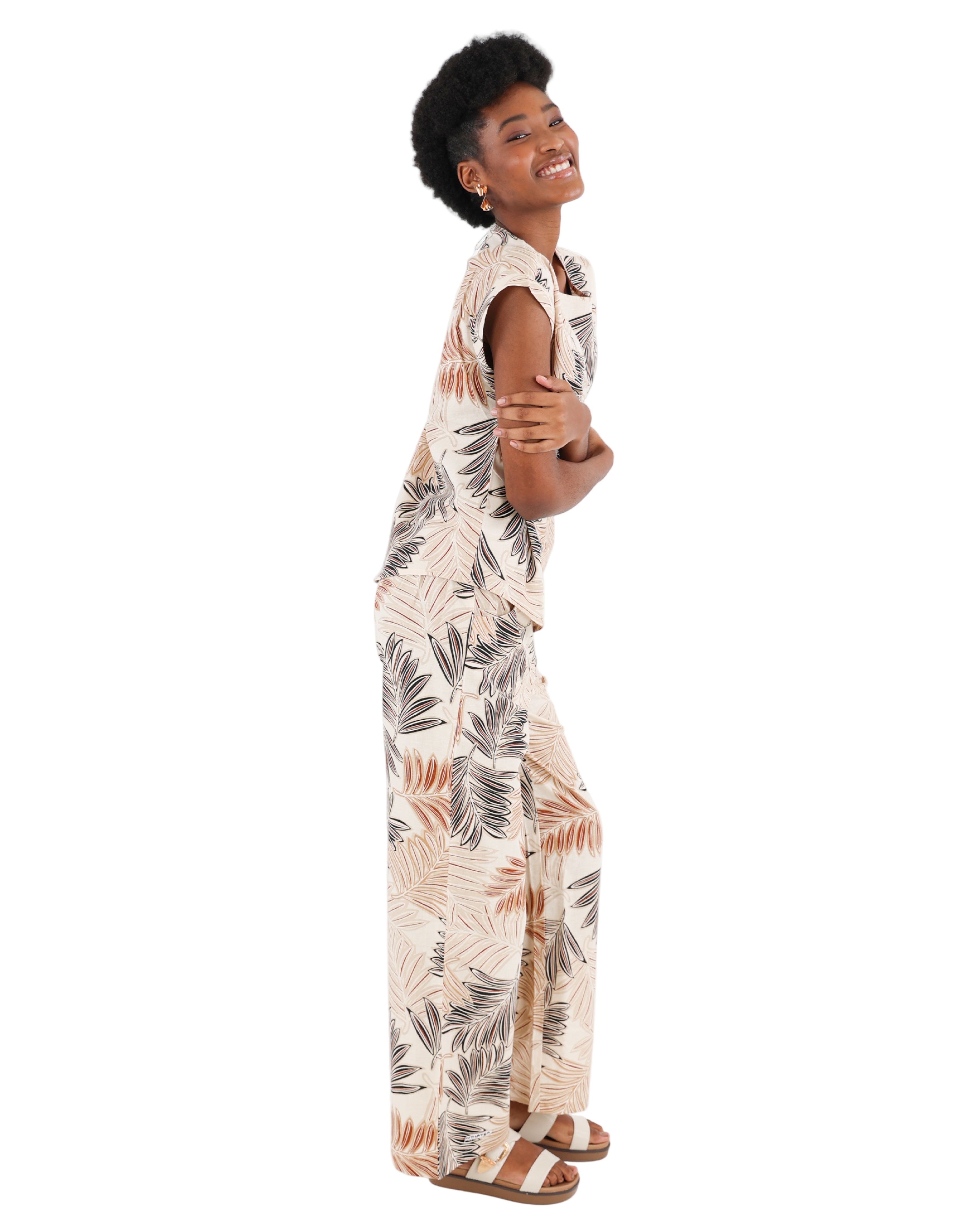 Wide Leg Cotton Linen Leaf Print Pull Up Pants