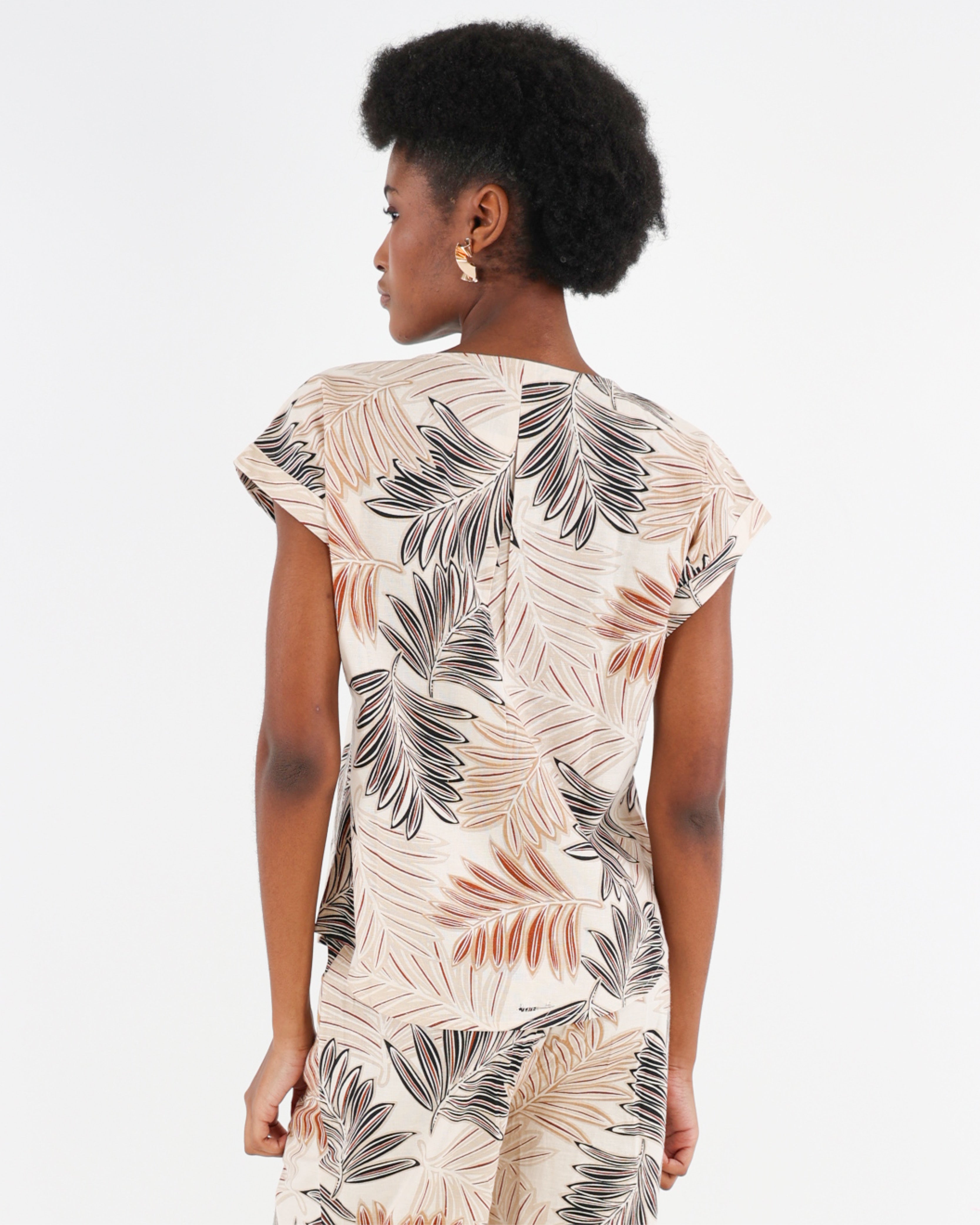 Short Sleeve Leaf Print Cotton Linen Blouse