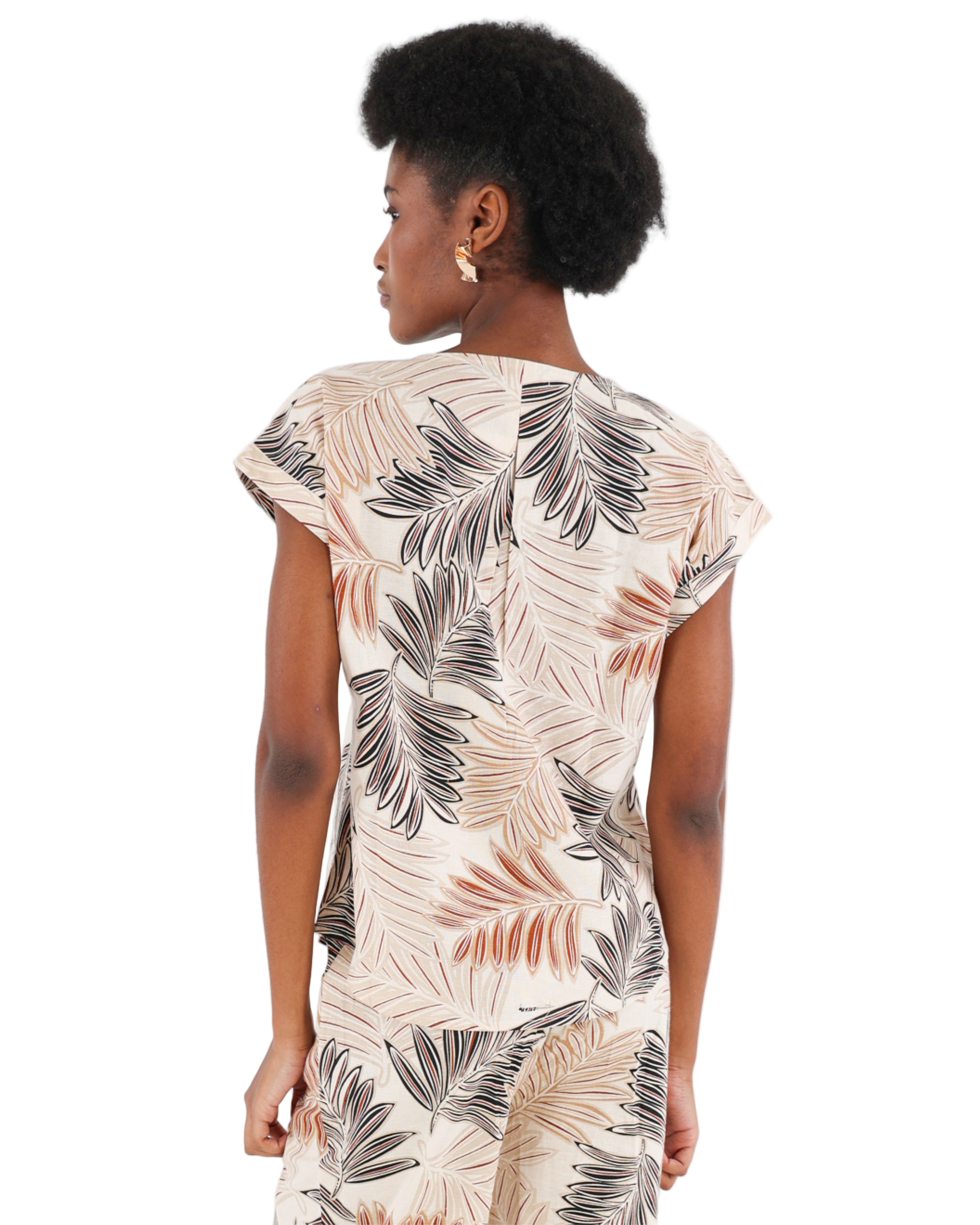 Short Sleeve Leaf Print Cotton Linen Blouse