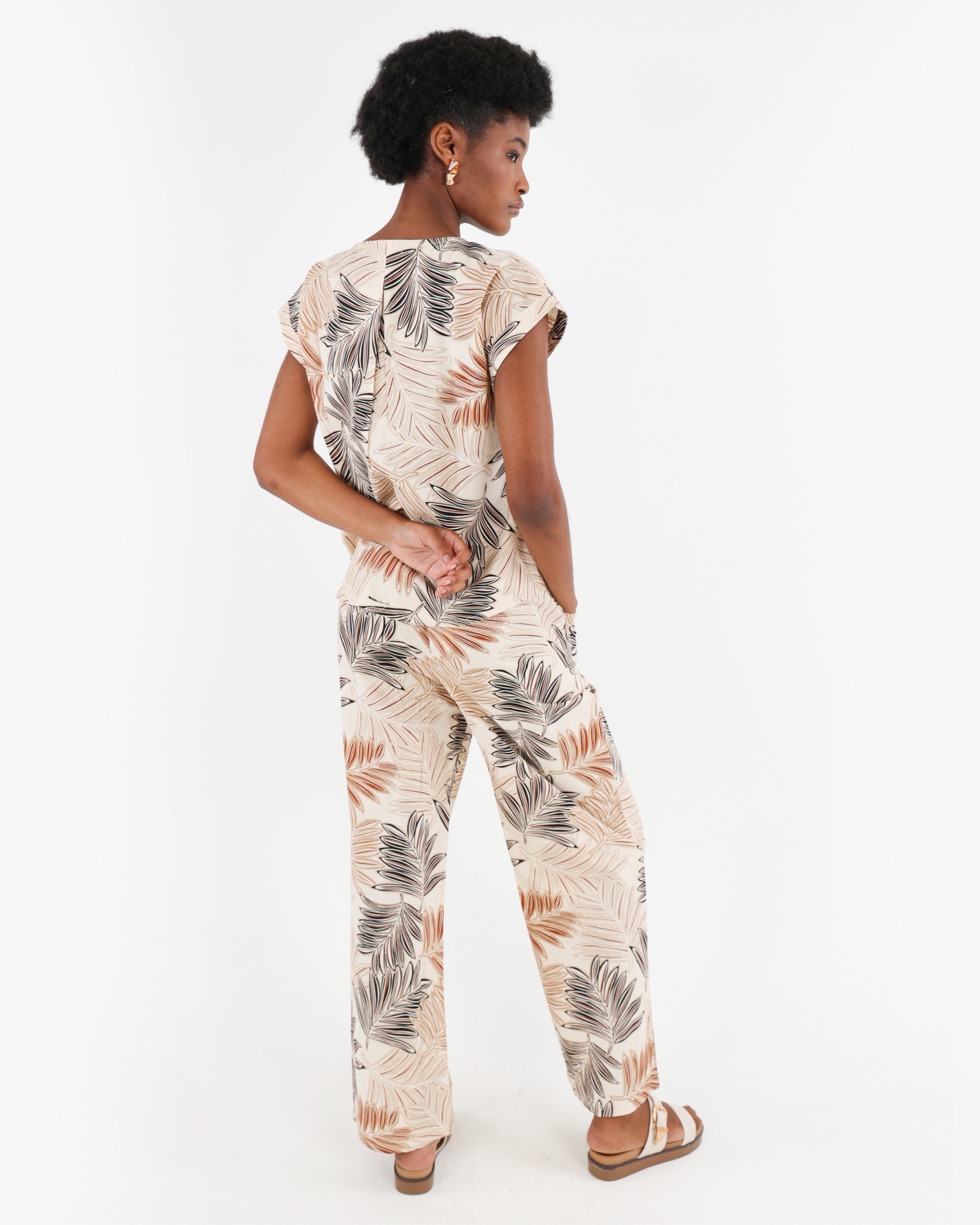 Wide Leg Cotton Linen Leaf Print Pull Up Pants