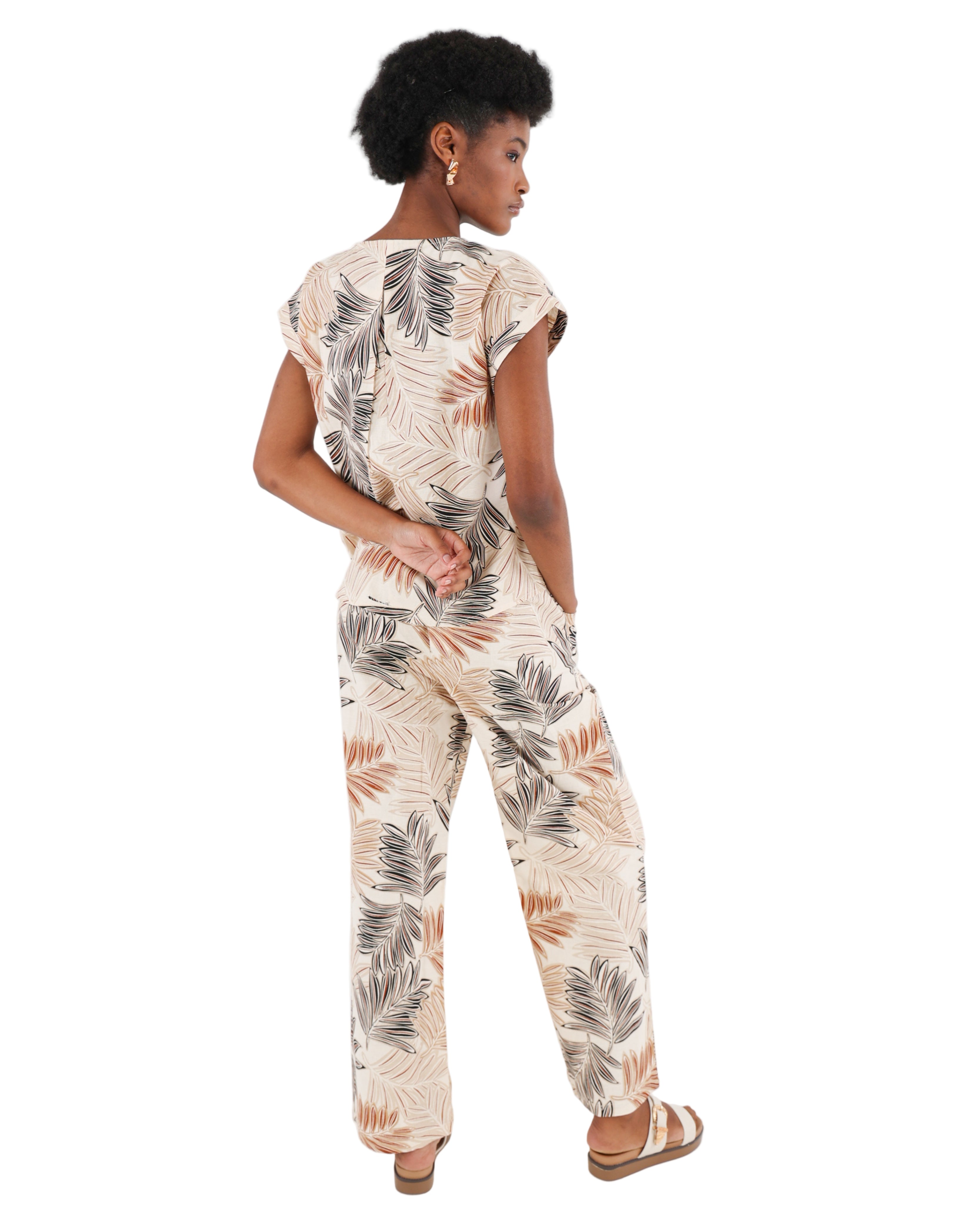 Wide Leg Cotton Linen Leaf Print Pull Up Pants