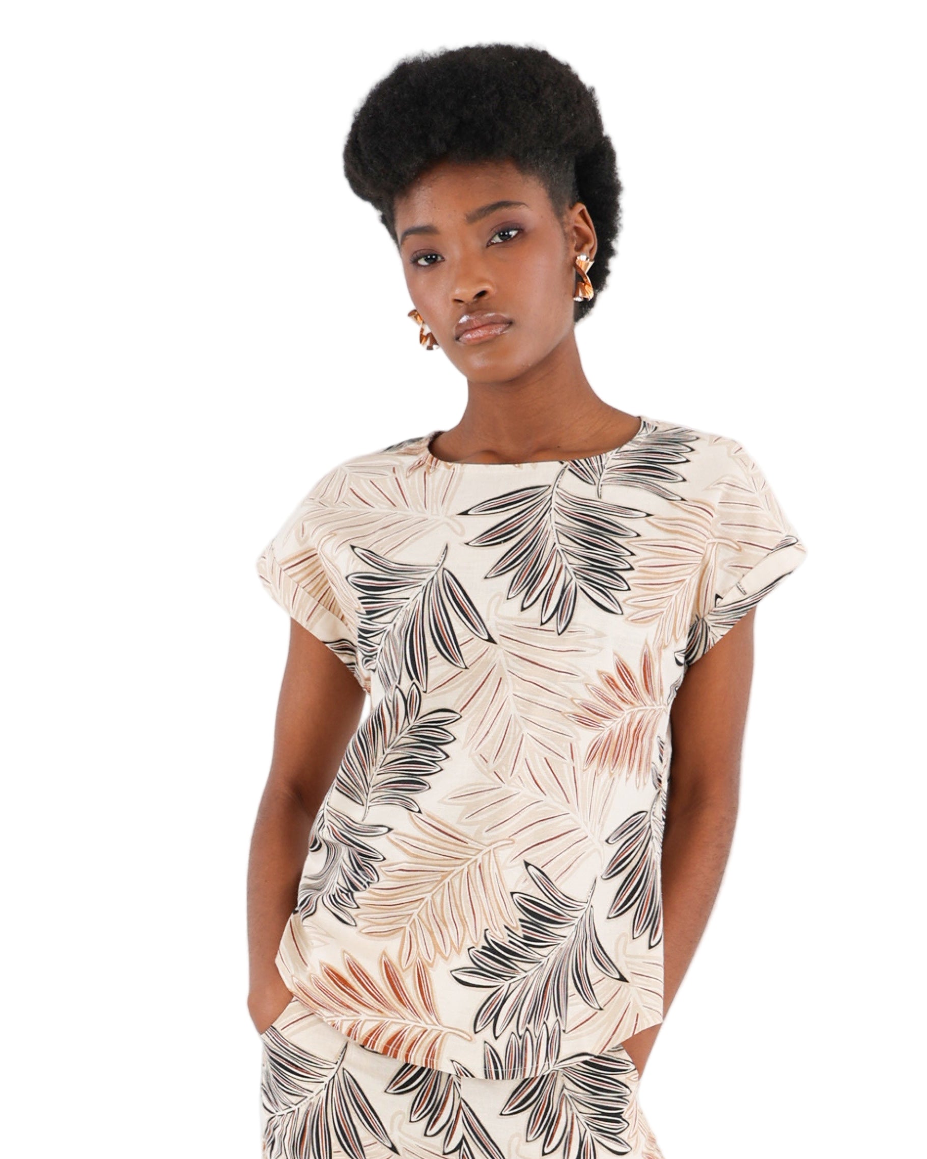 Short Sleeve Leaf Print Cotton Linen Blouse