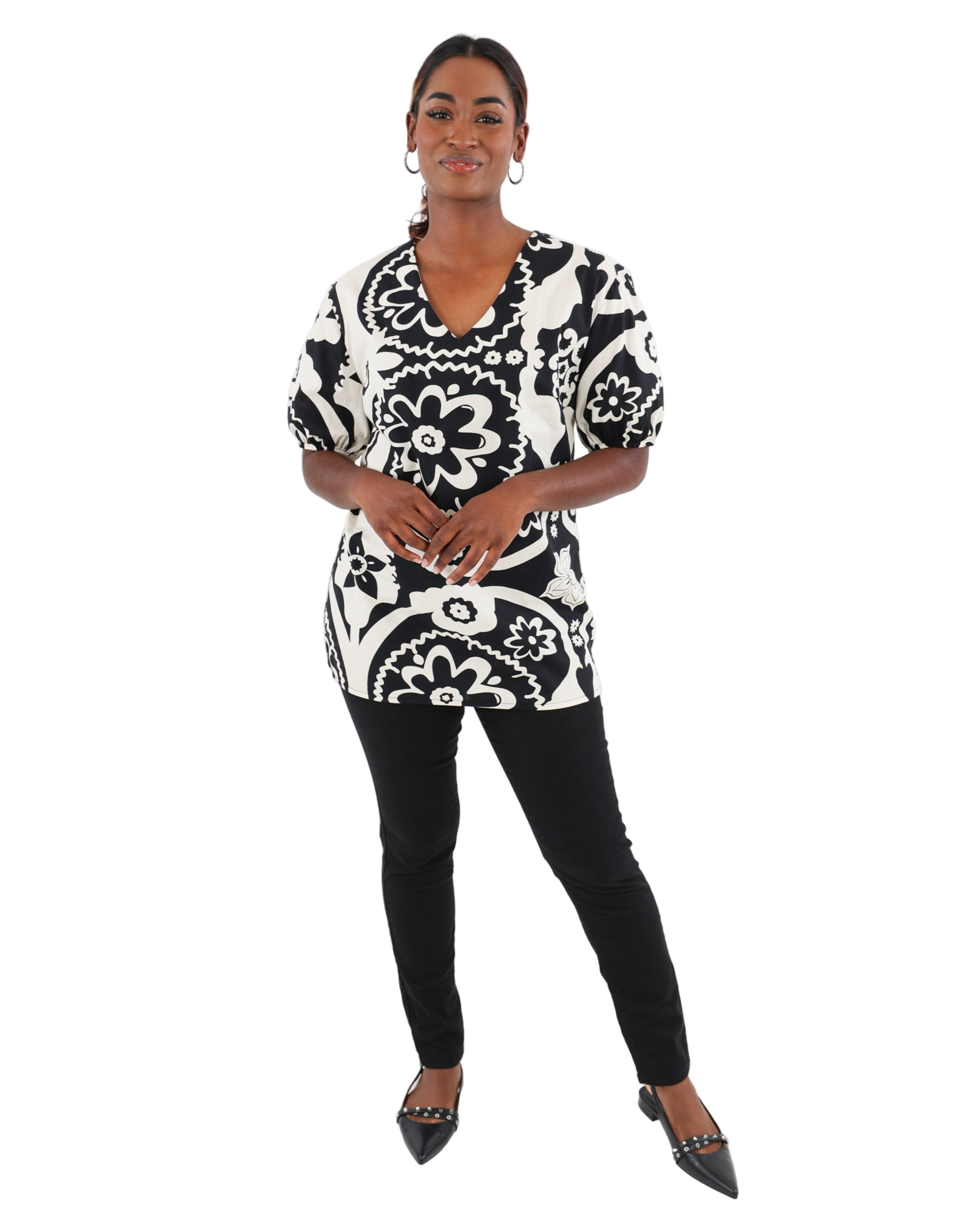 Monochrome Short Puff Sleeve Printed Cotton Blouse