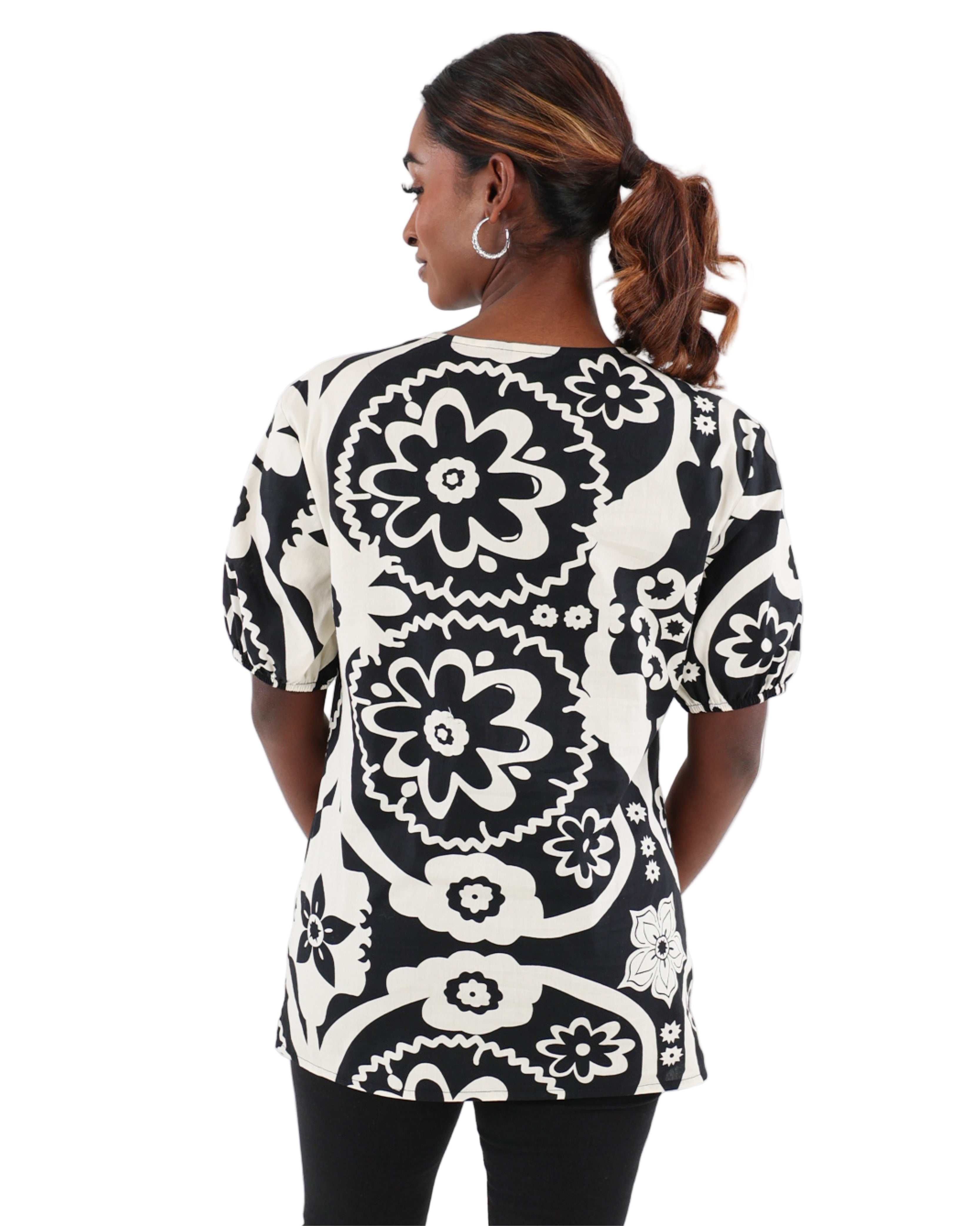 Monochrome Short Puff Sleeve Printed Cotton Blouse