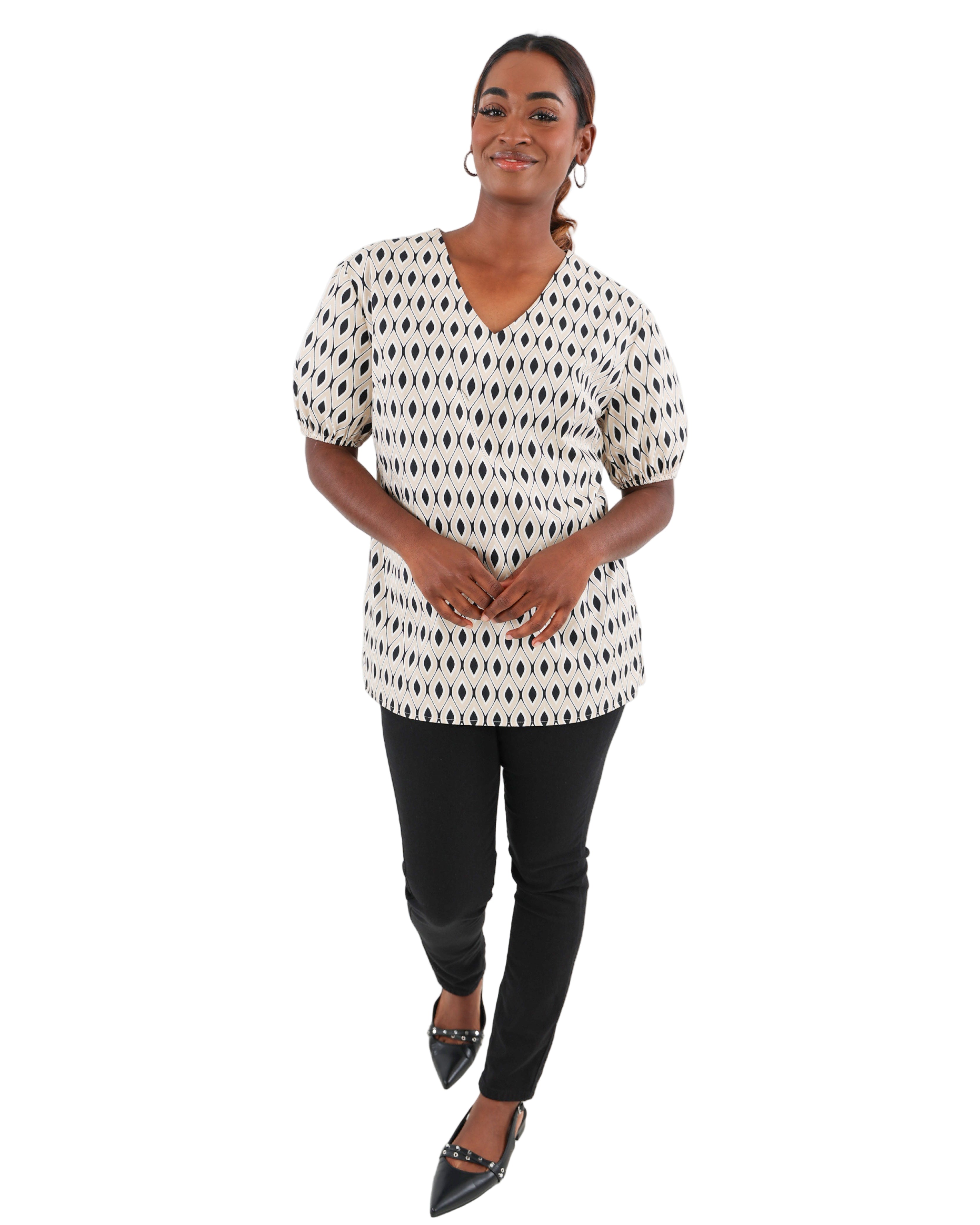 Stone Short Puff Sleeve Tile Print Cotton Blouse