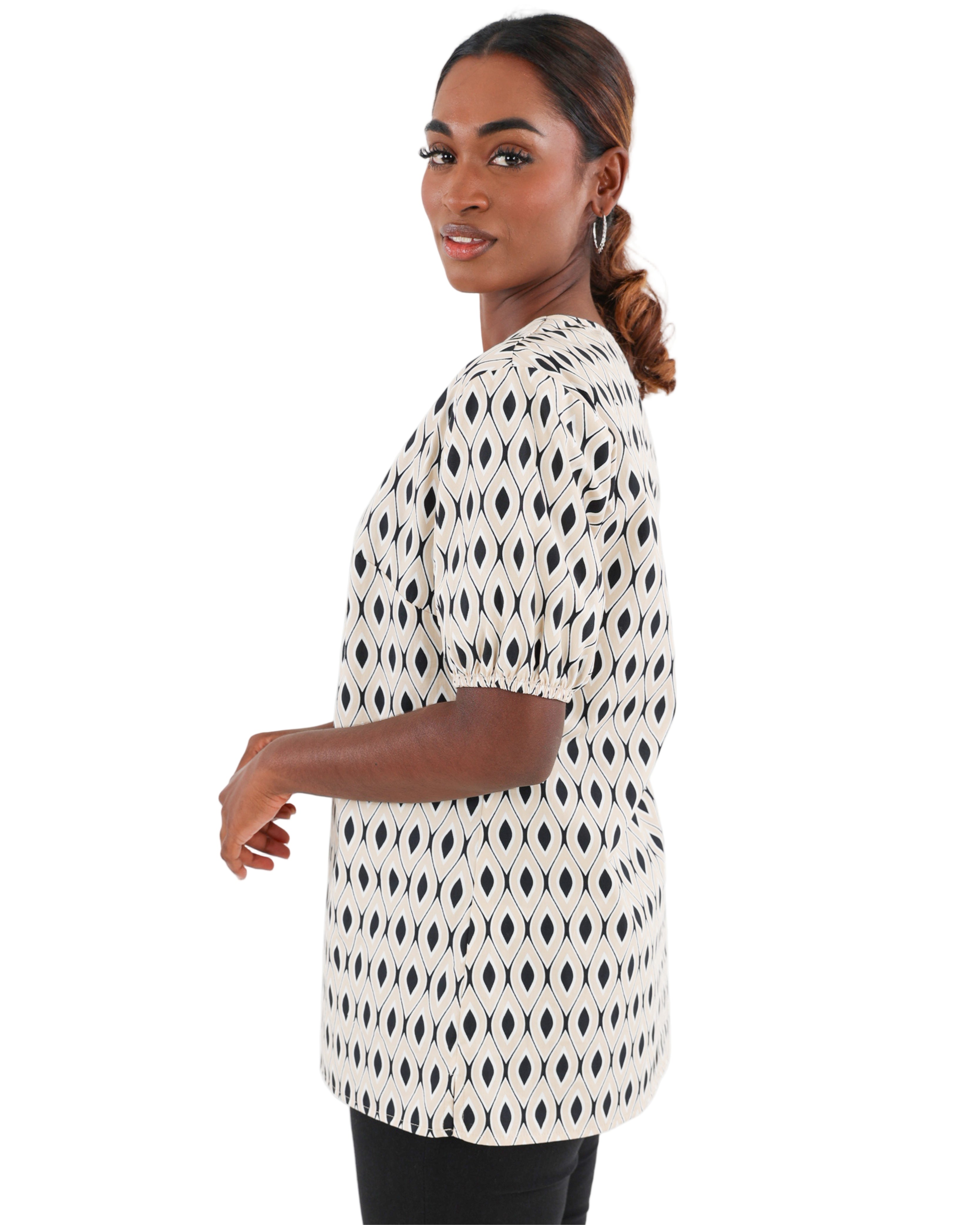 Stone Short Puff Sleeve Tile Print Cotton Blouse