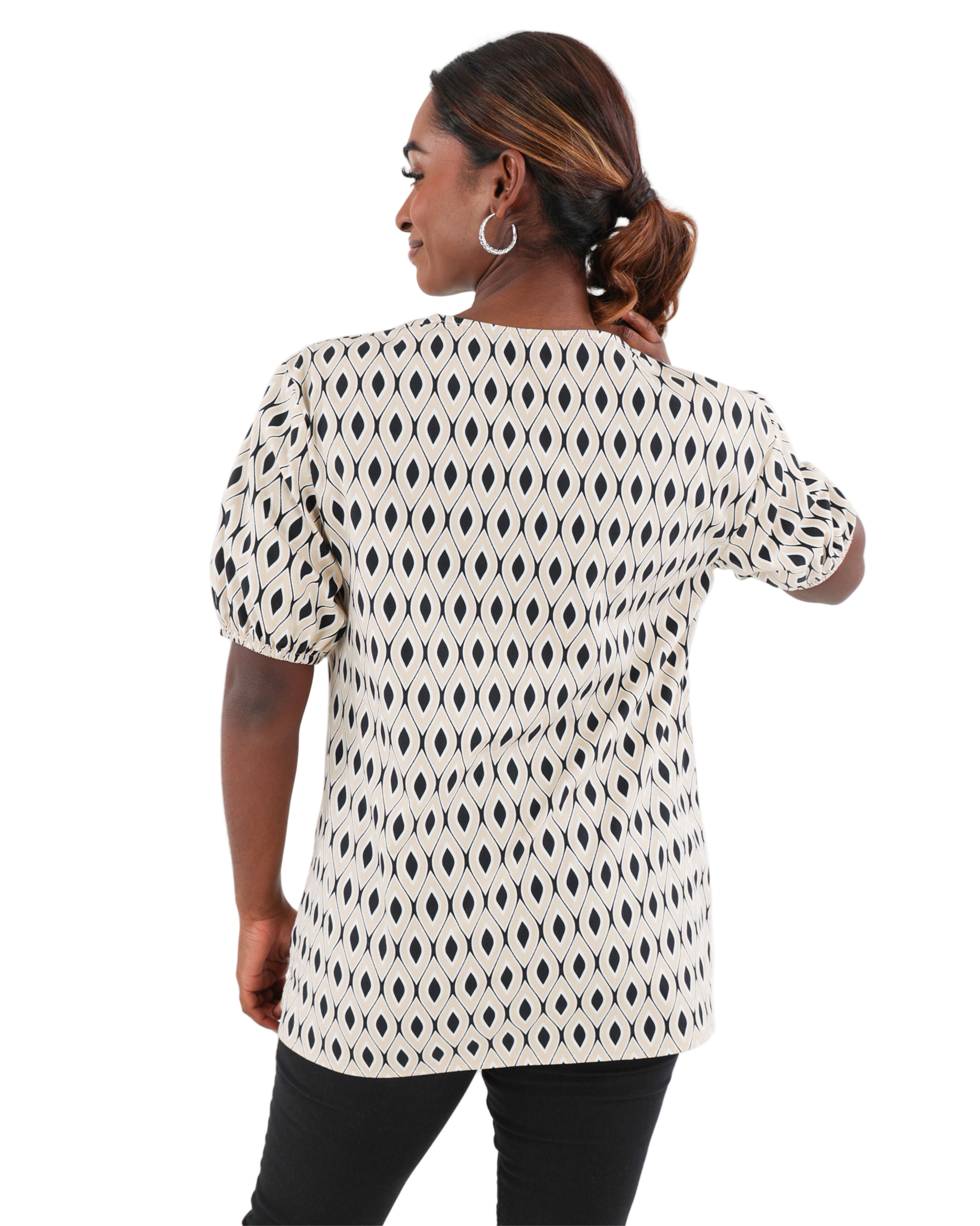 Stone Short Puff Sleeve Tile Print Cotton Blouse