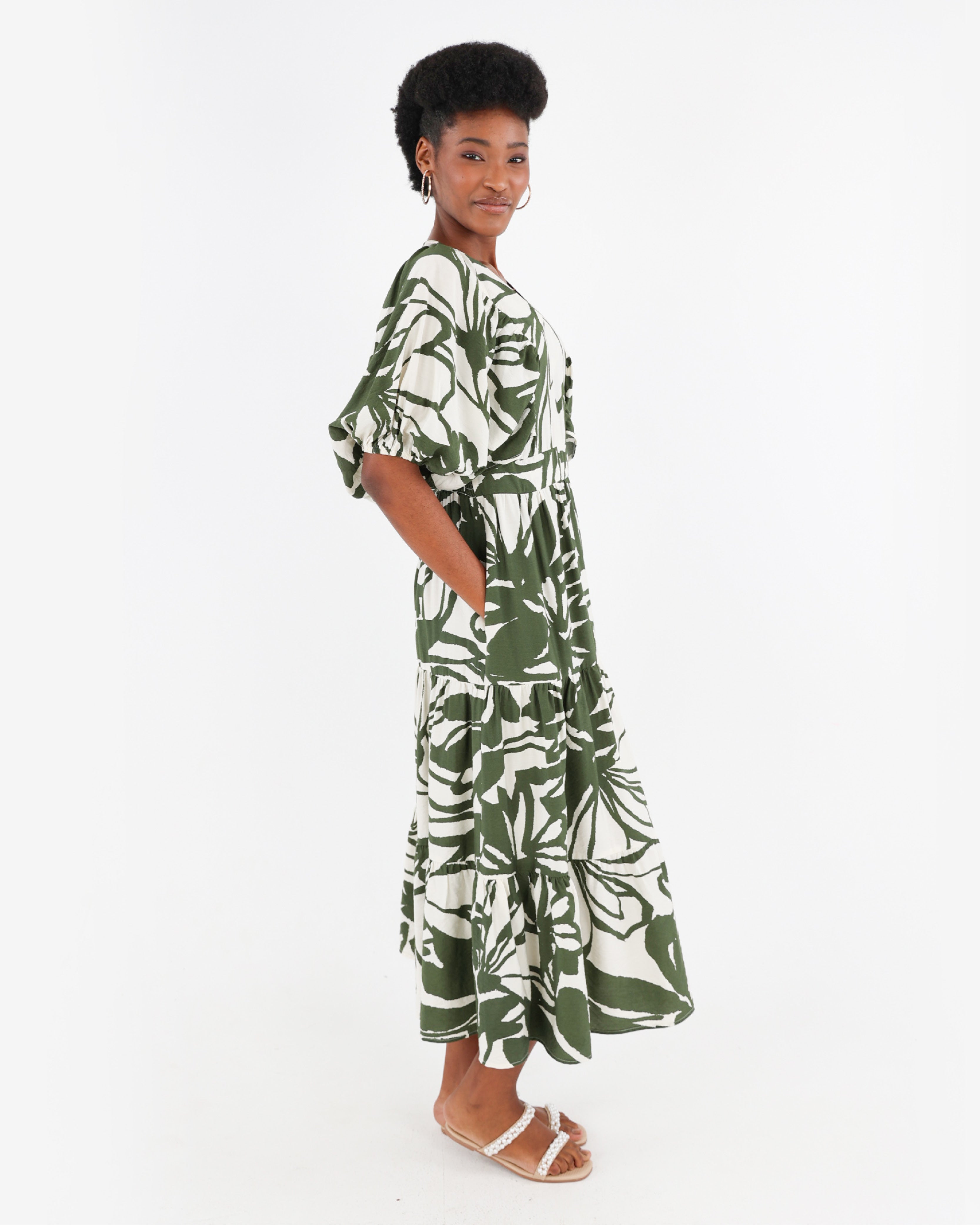 Volume Sleeve Printed Tiered Maxi Dress