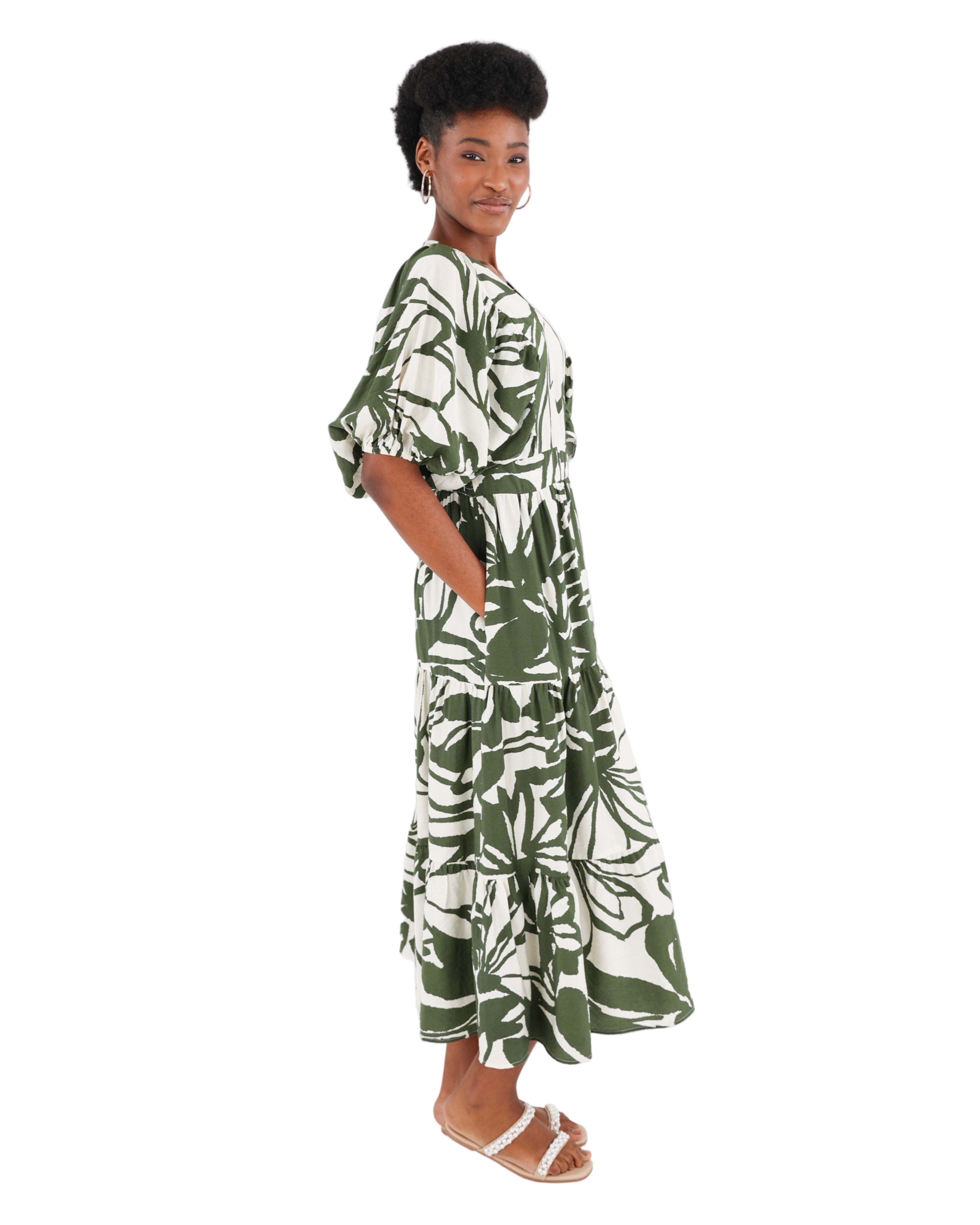 Volume Sleeve Printed Tiered Maxi Dress