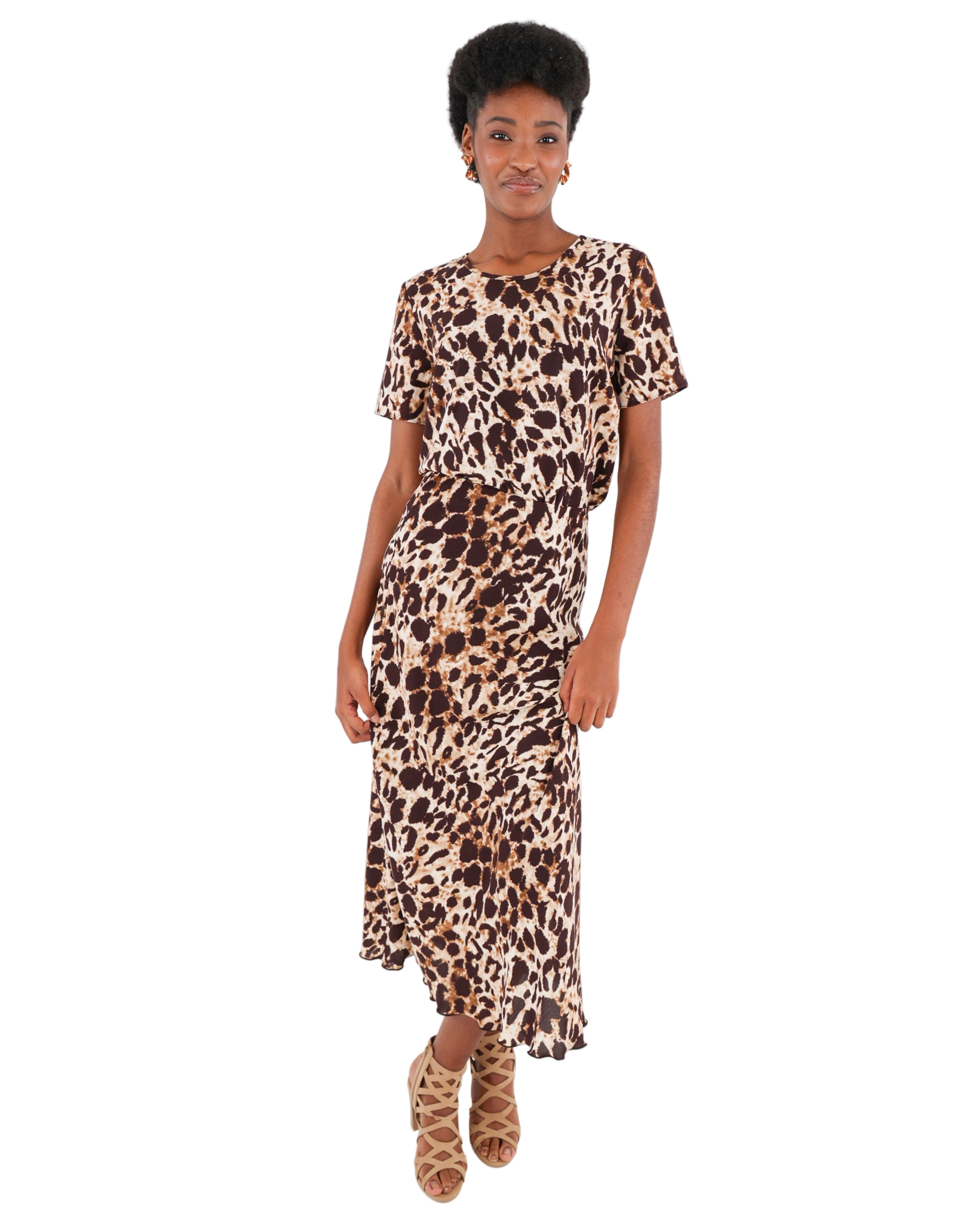 Bias Cut Leopard Print Midi Skirt