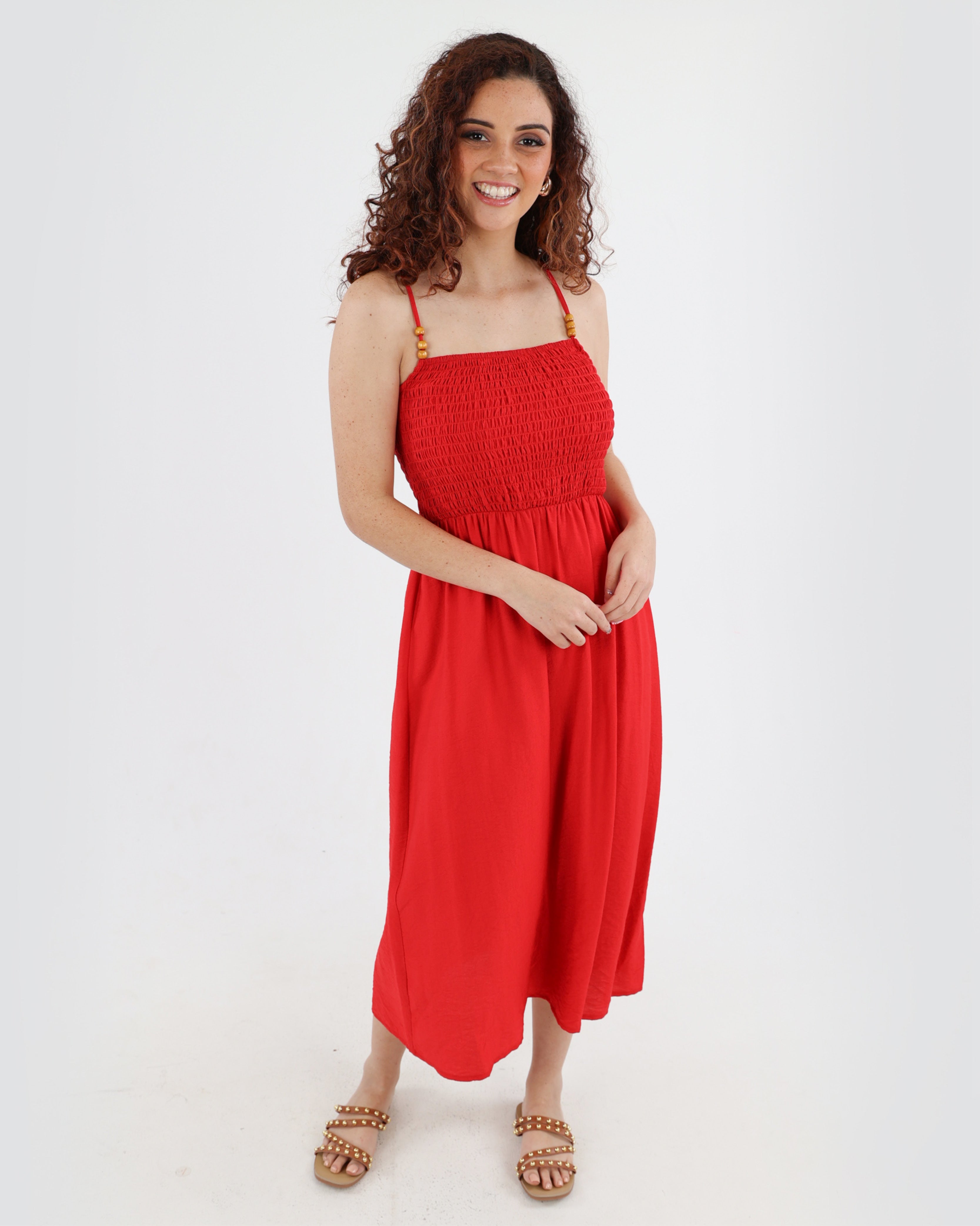 Strappy Shirred Bodice Midi Dress
