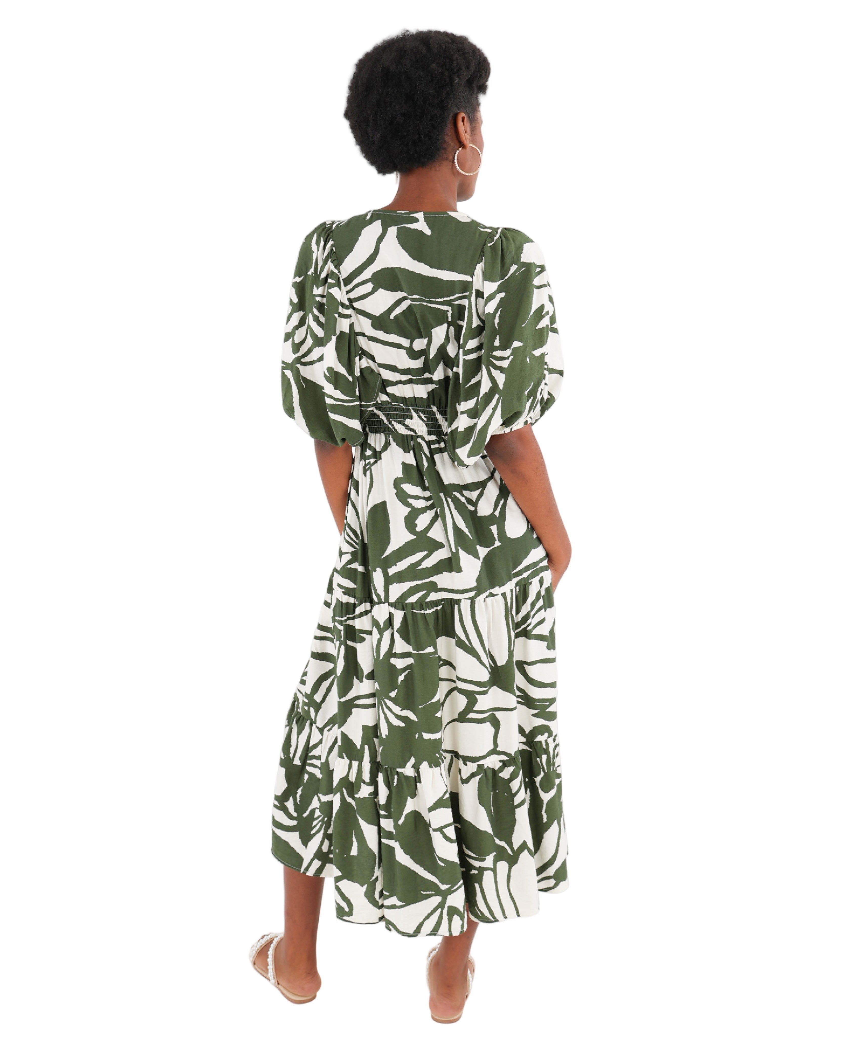 Volume Sleeve Printed Tiered Maxi Dress