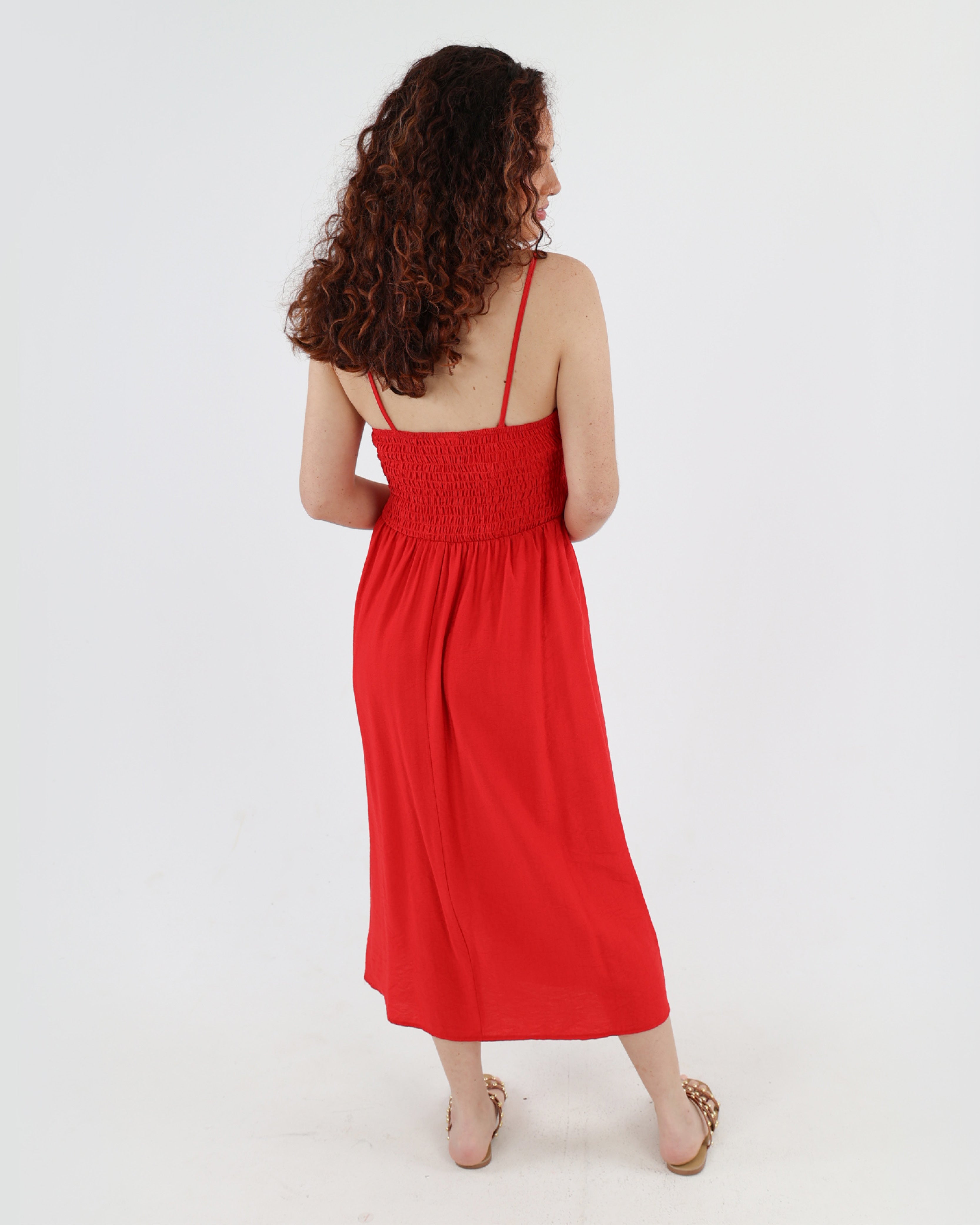 Strappy Shirred Bodice Midi Dress