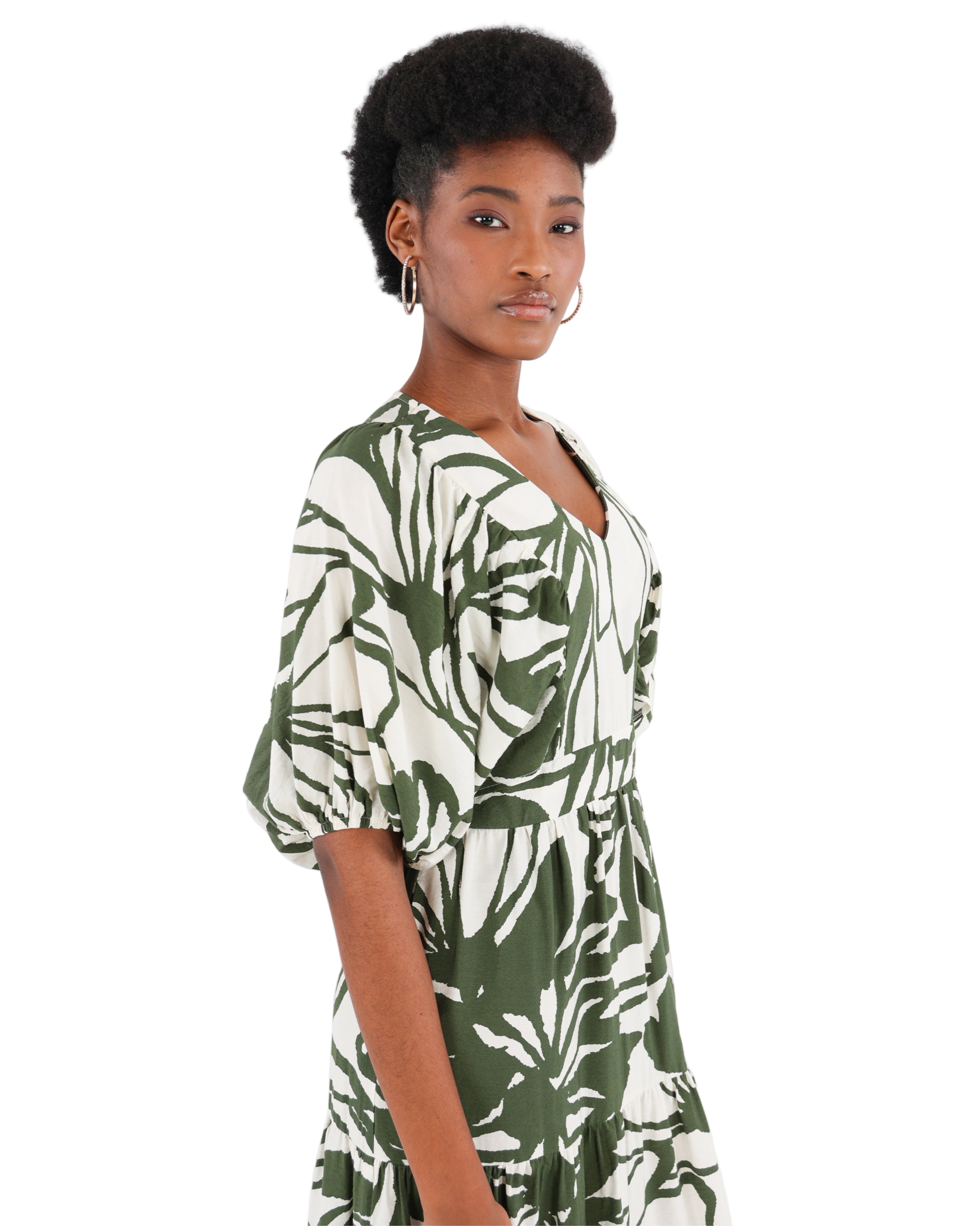 Volume Sleeve Printed Tiered Maxi Dress