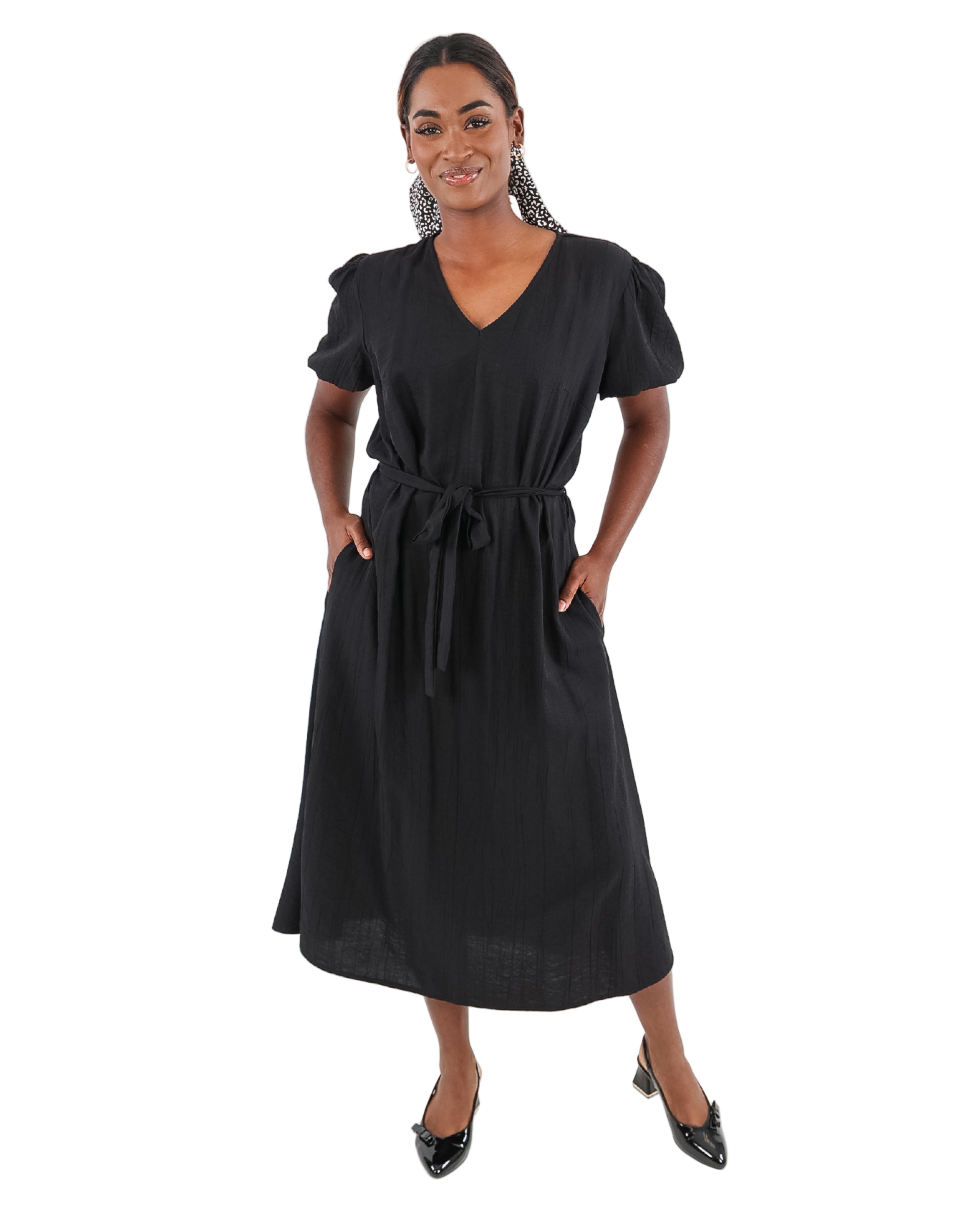 Black Short Puff Sleeve Midi Dress with Belt
