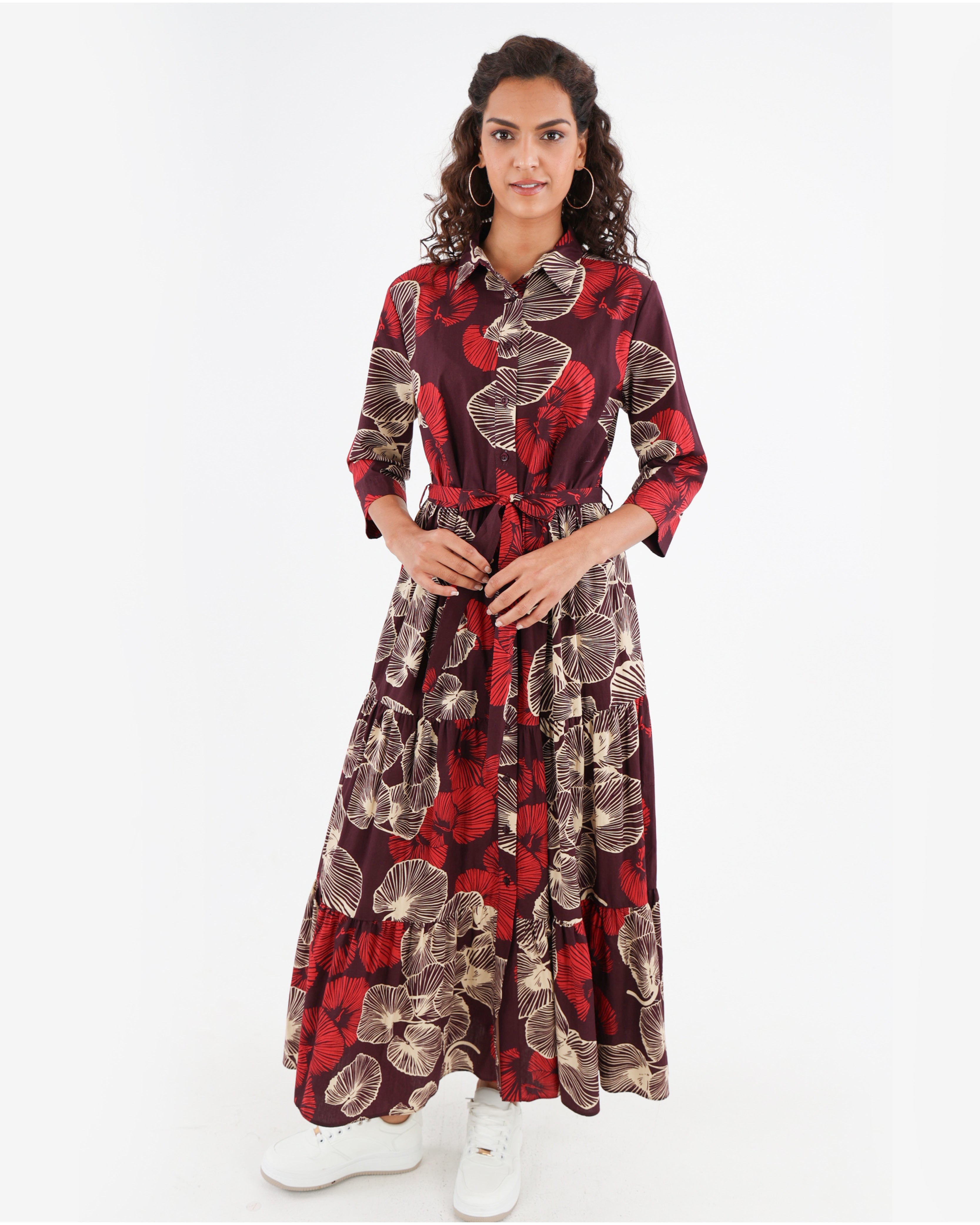 3/4 Sleeve Floral Shirt Maxi Dress