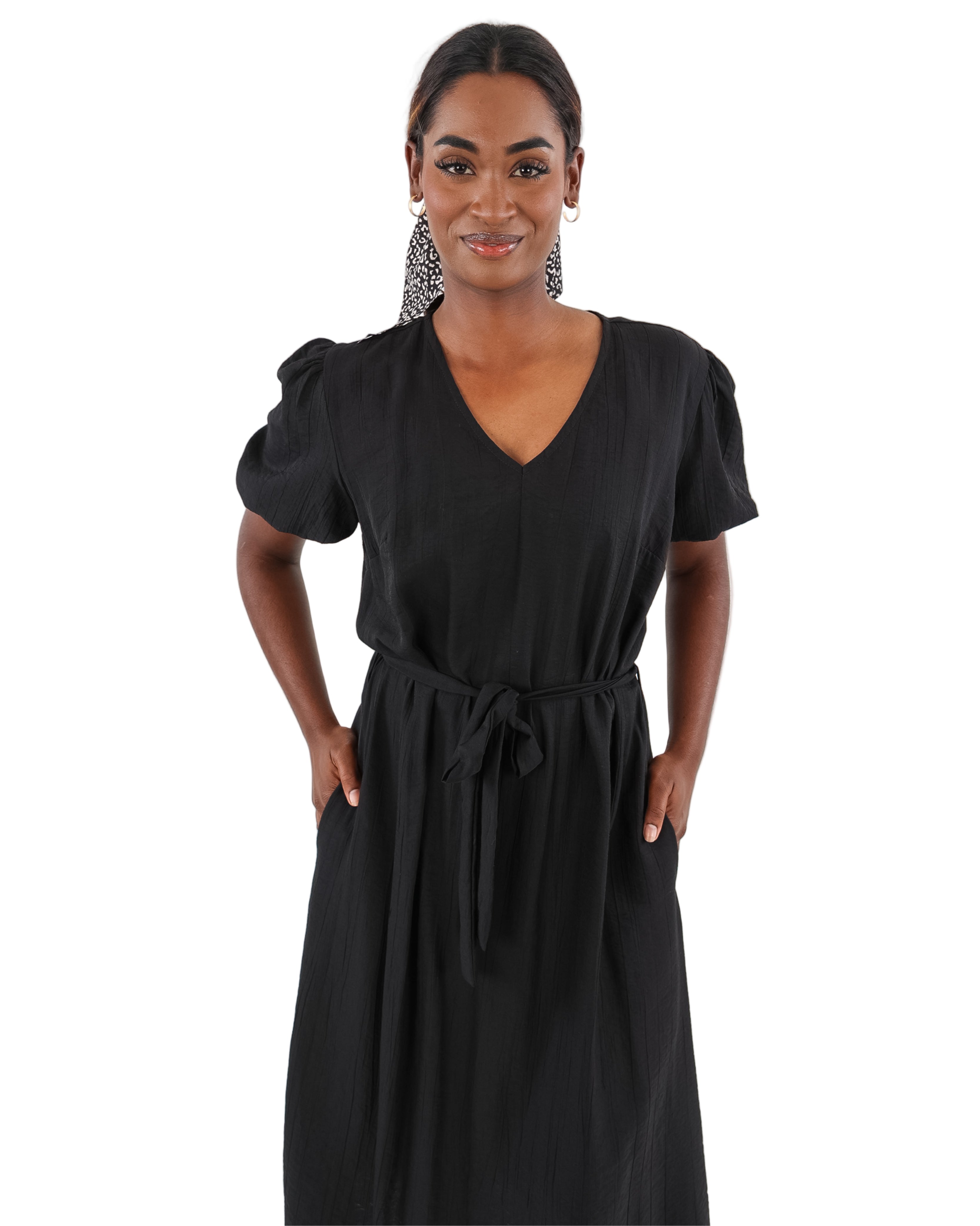 Black Short Puff Sleeve Midi Dress with Belt